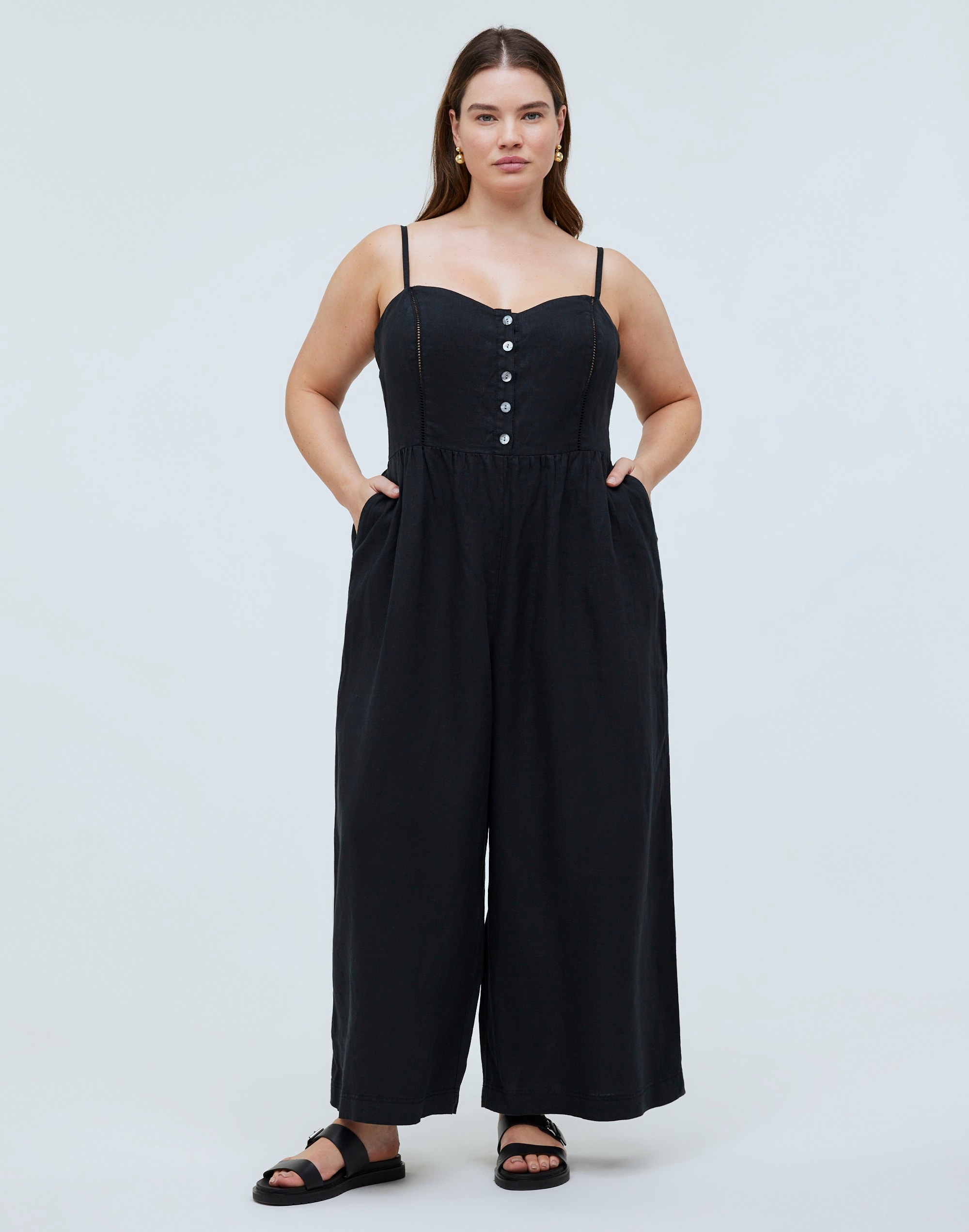 plus sleeveless wide-leg jumpsuit in 100% linen