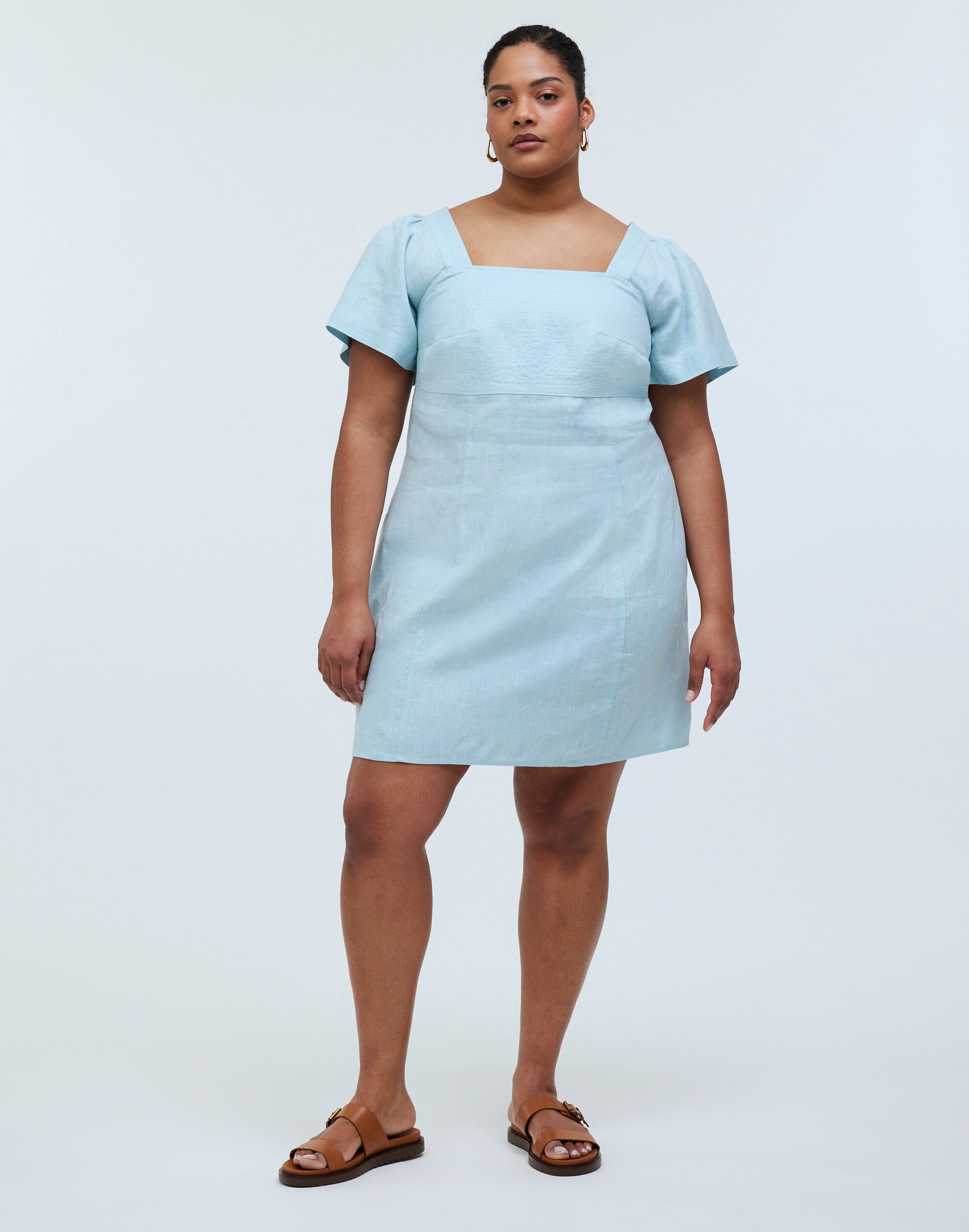 Plus Square-Neck Mini Dress in 100% Linen