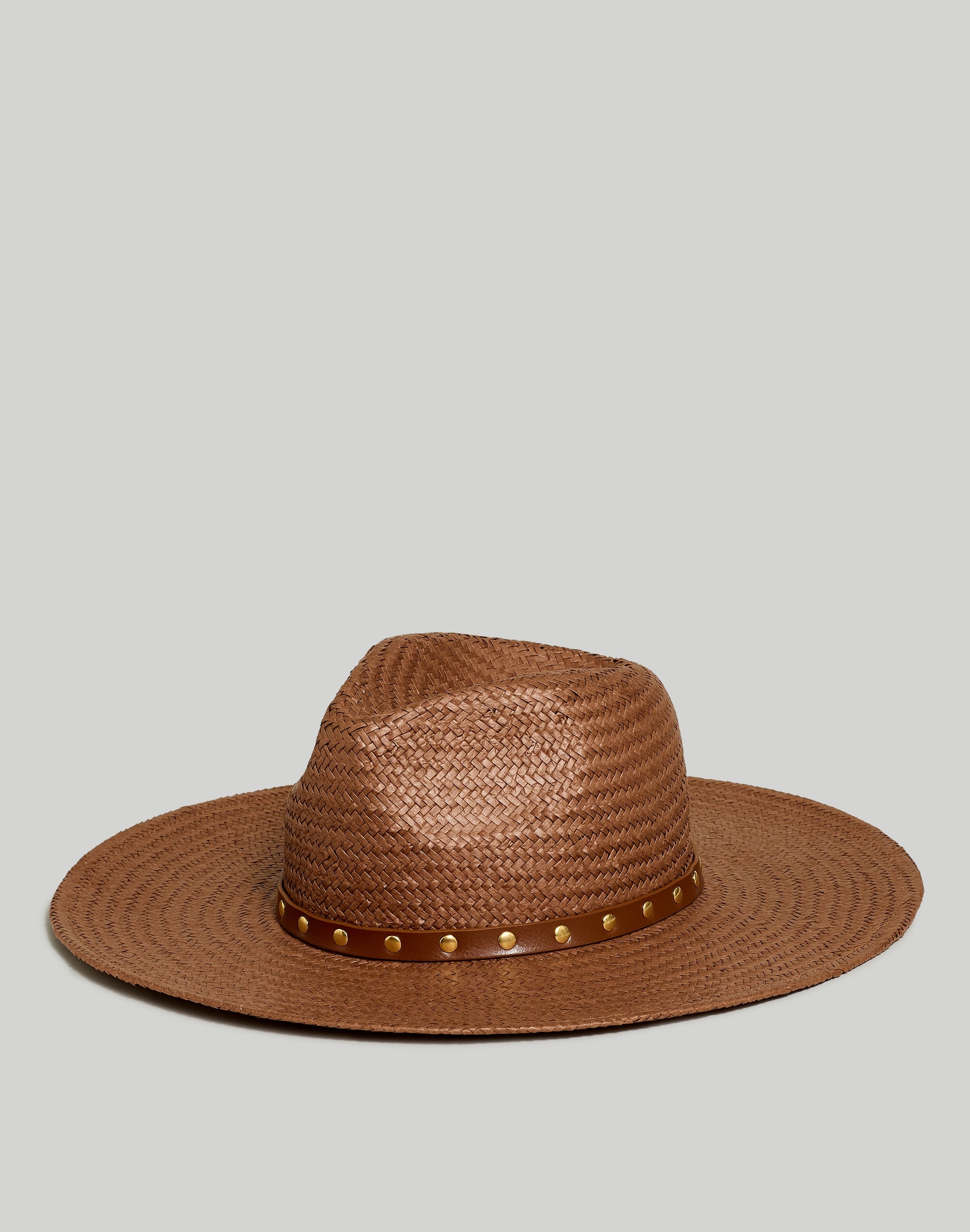 Mw Wide-brim Straw Fedora Hat: Studded Edition In Chocolate Raisin