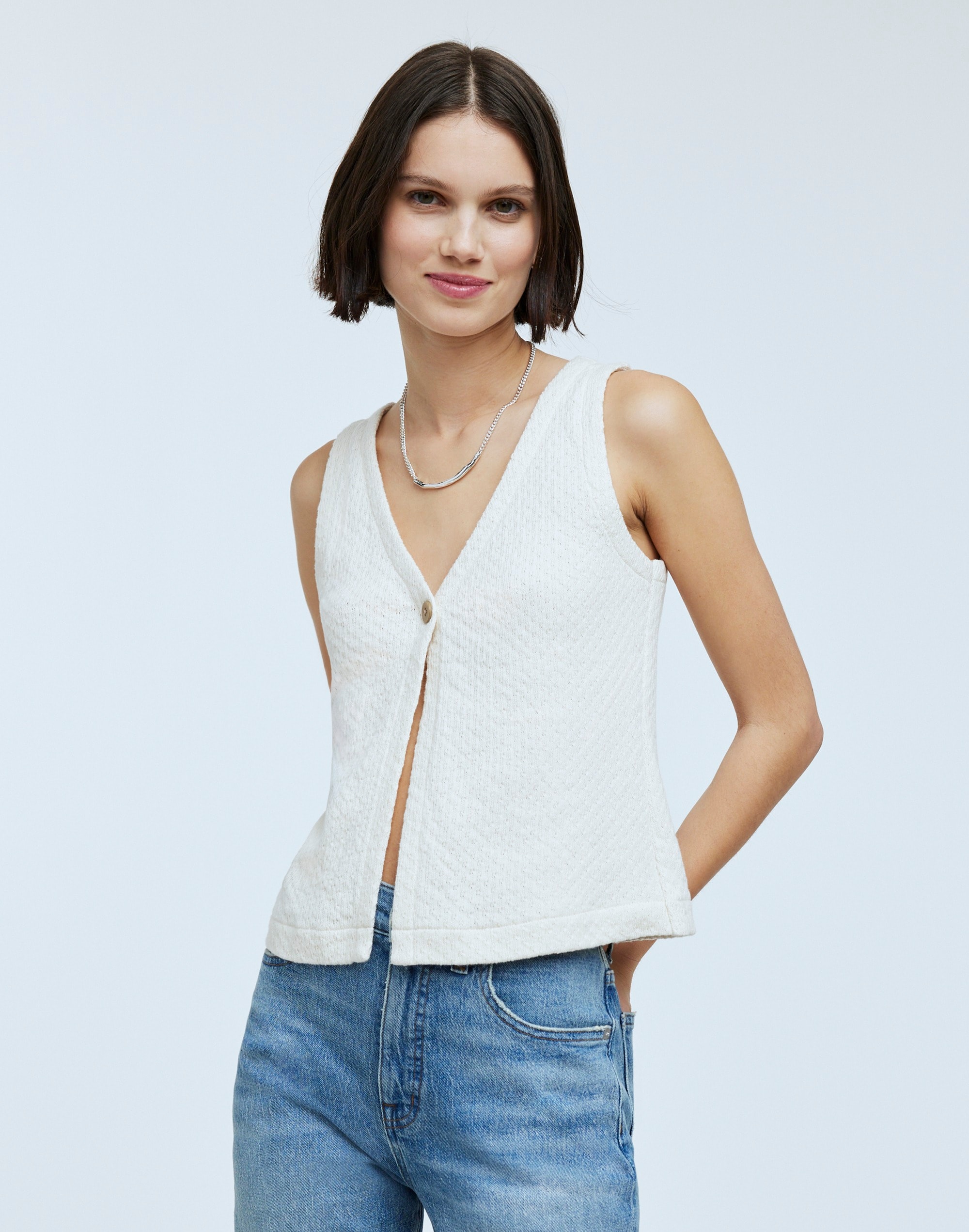 Mw Pointelle Single-button Vest In Bleached Canvas