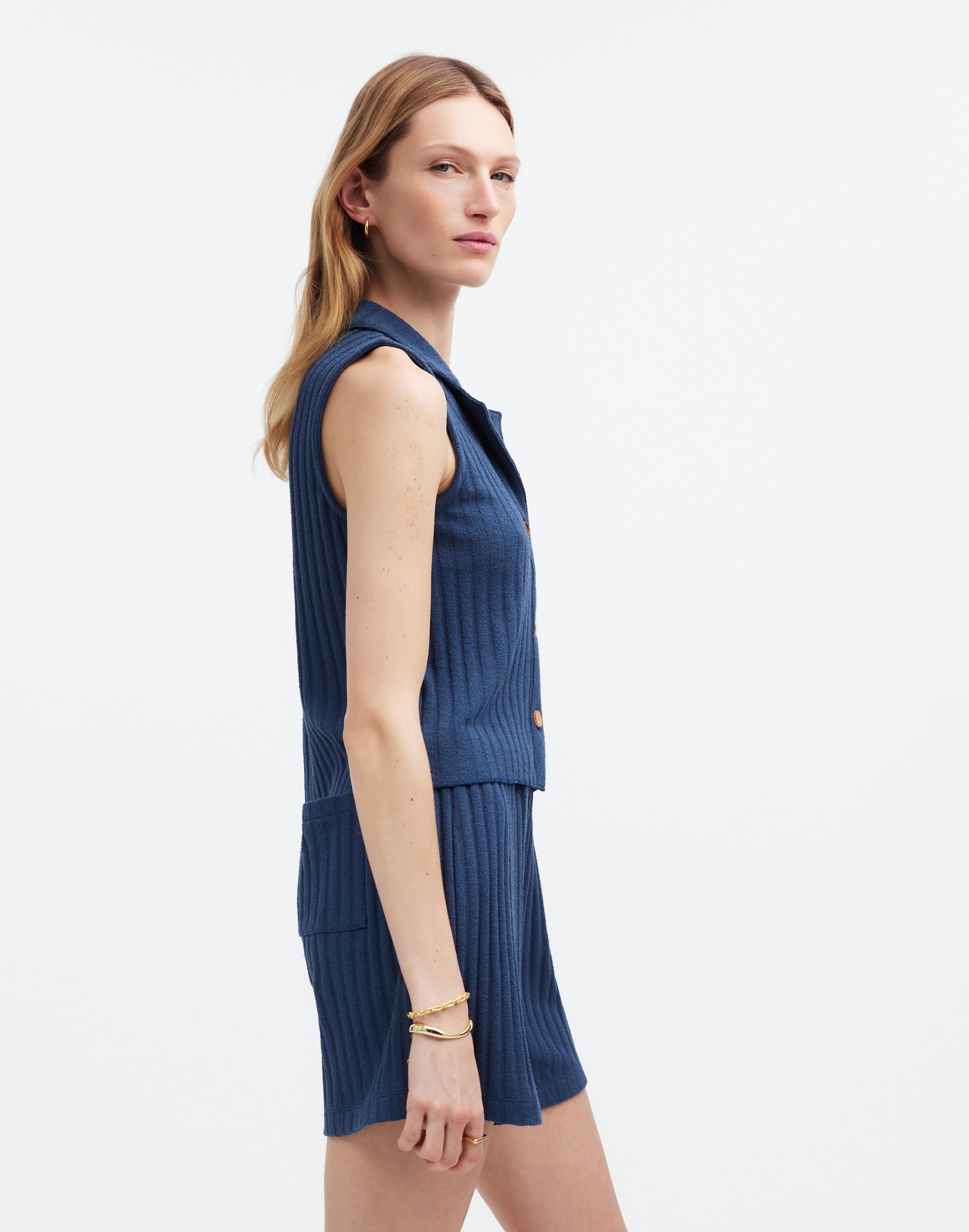 Mixed-Button Ribbed Polo Tank