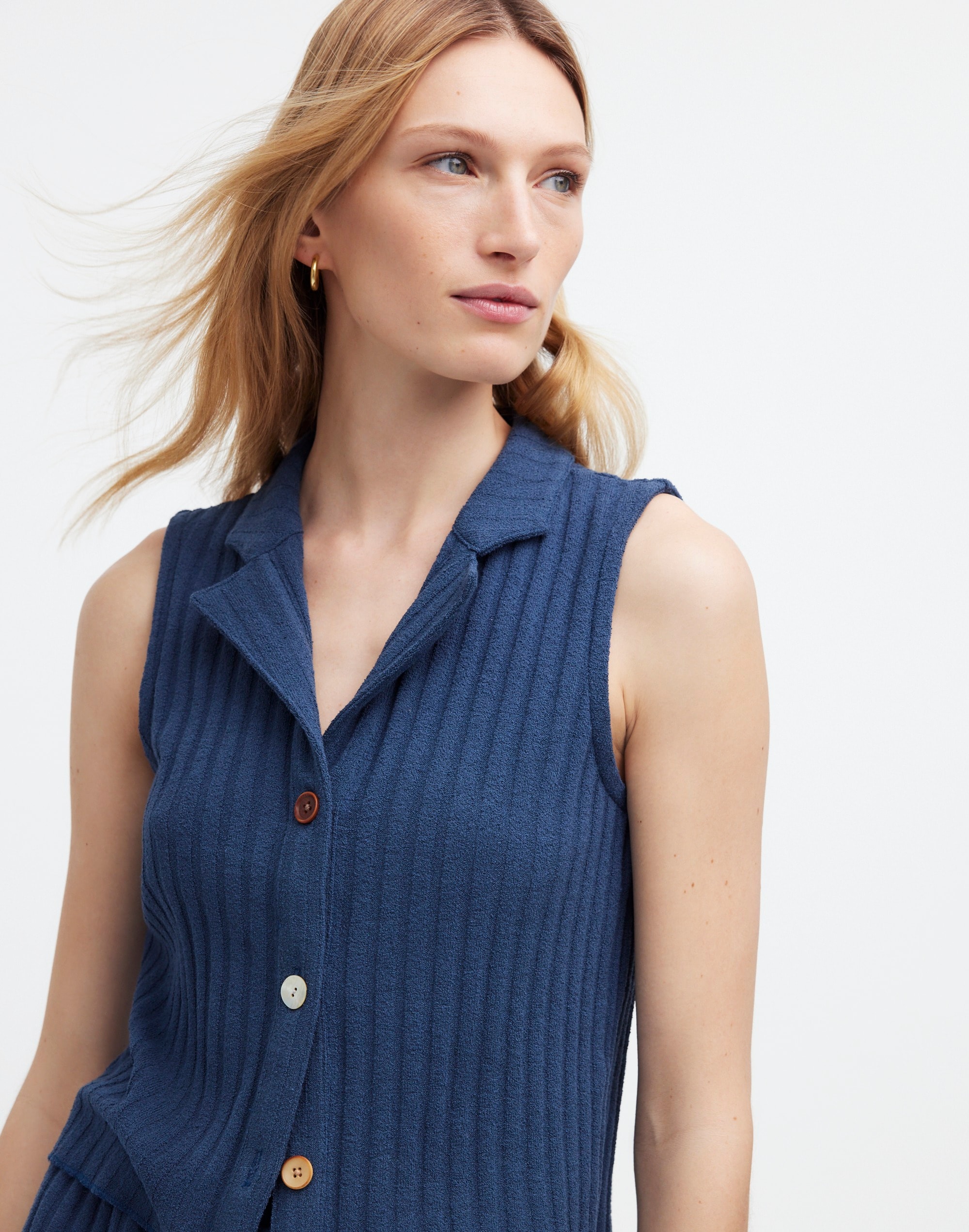 Mixed-Button Ribbed Polo Tank