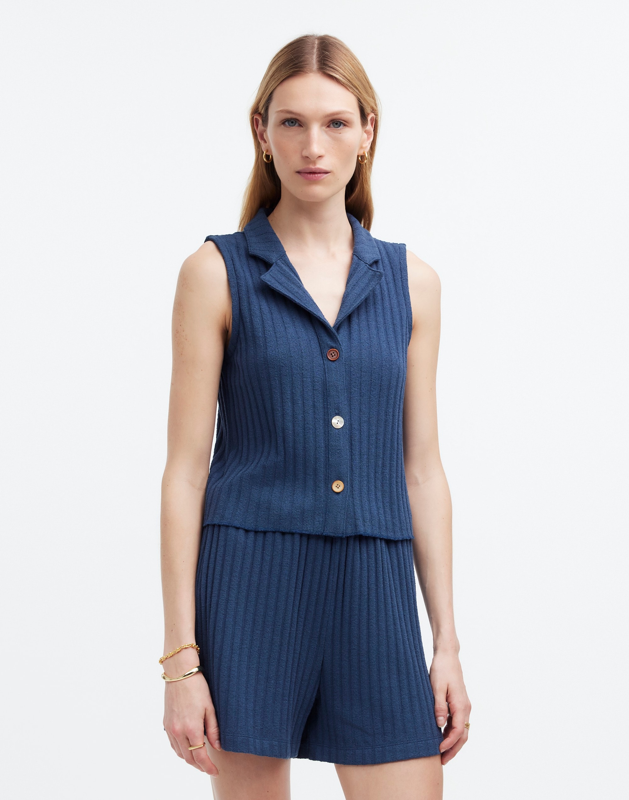 Mixed-Button Ribbed Polo Tank