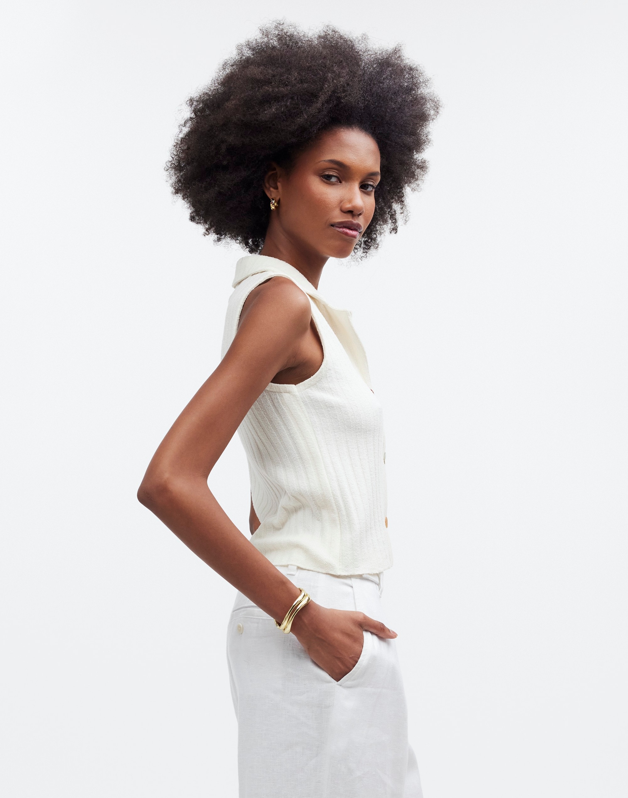 Mixed-Button Ribbed Polo Tank