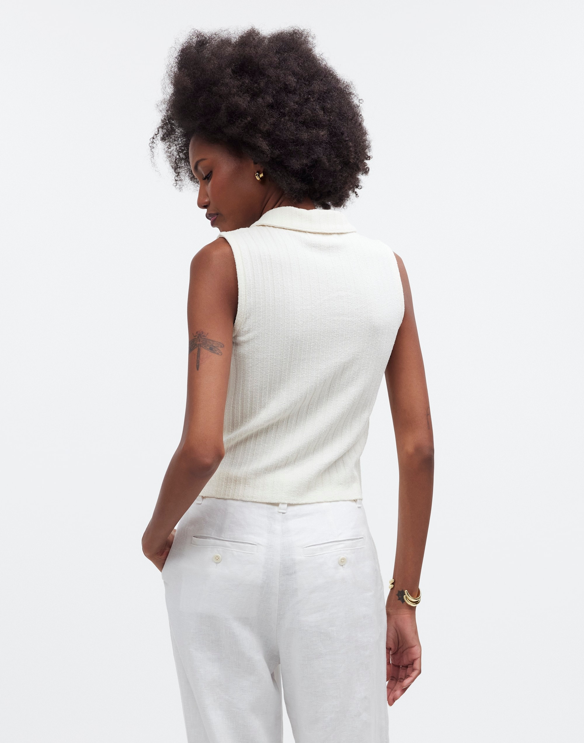 Mixed-Button Ribbed Polo Tank