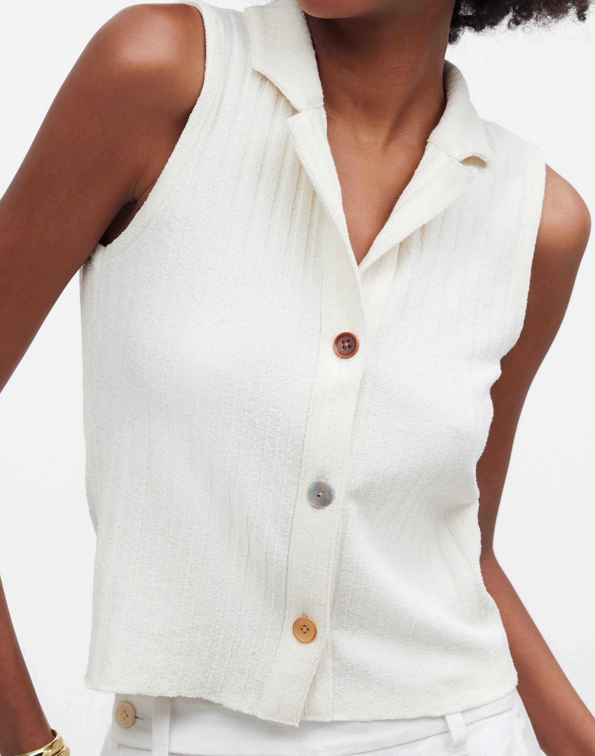 Mixed-Button Ribbed Polo Tank