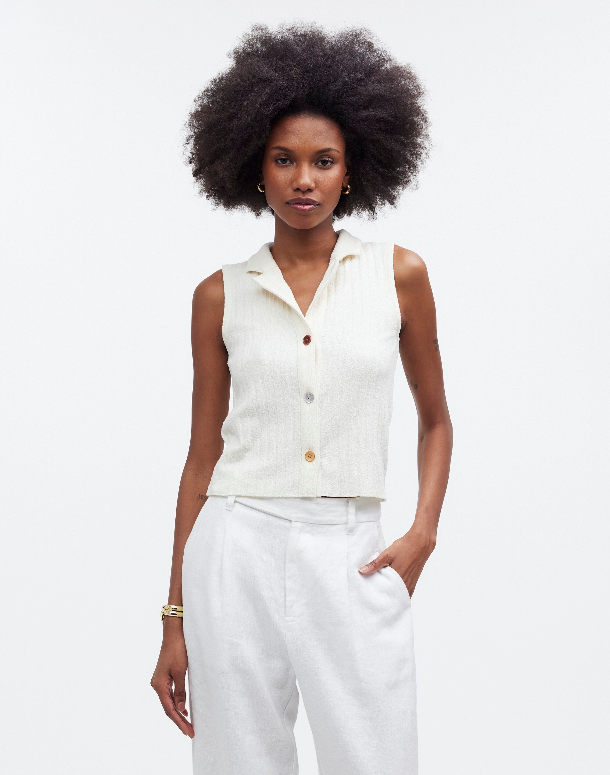 Mixed-Button Ribbed Polo Tank