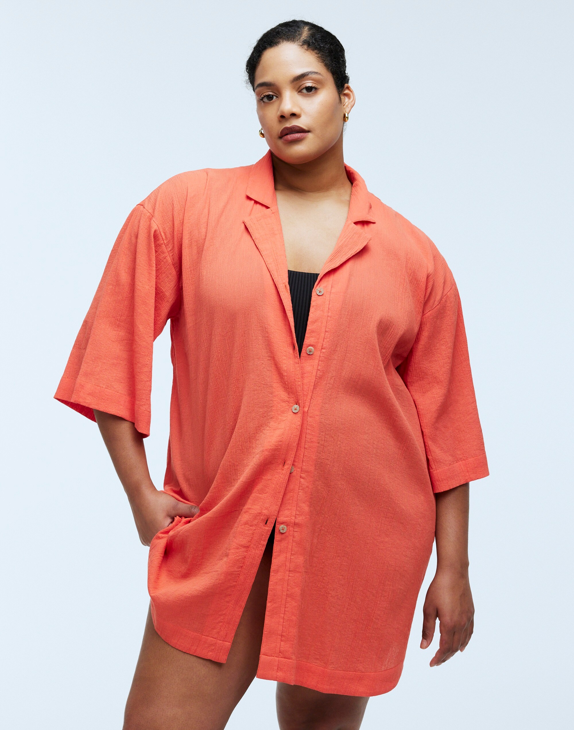 Plus Crinkle Cotton Cover-Up Mini Shirtdress