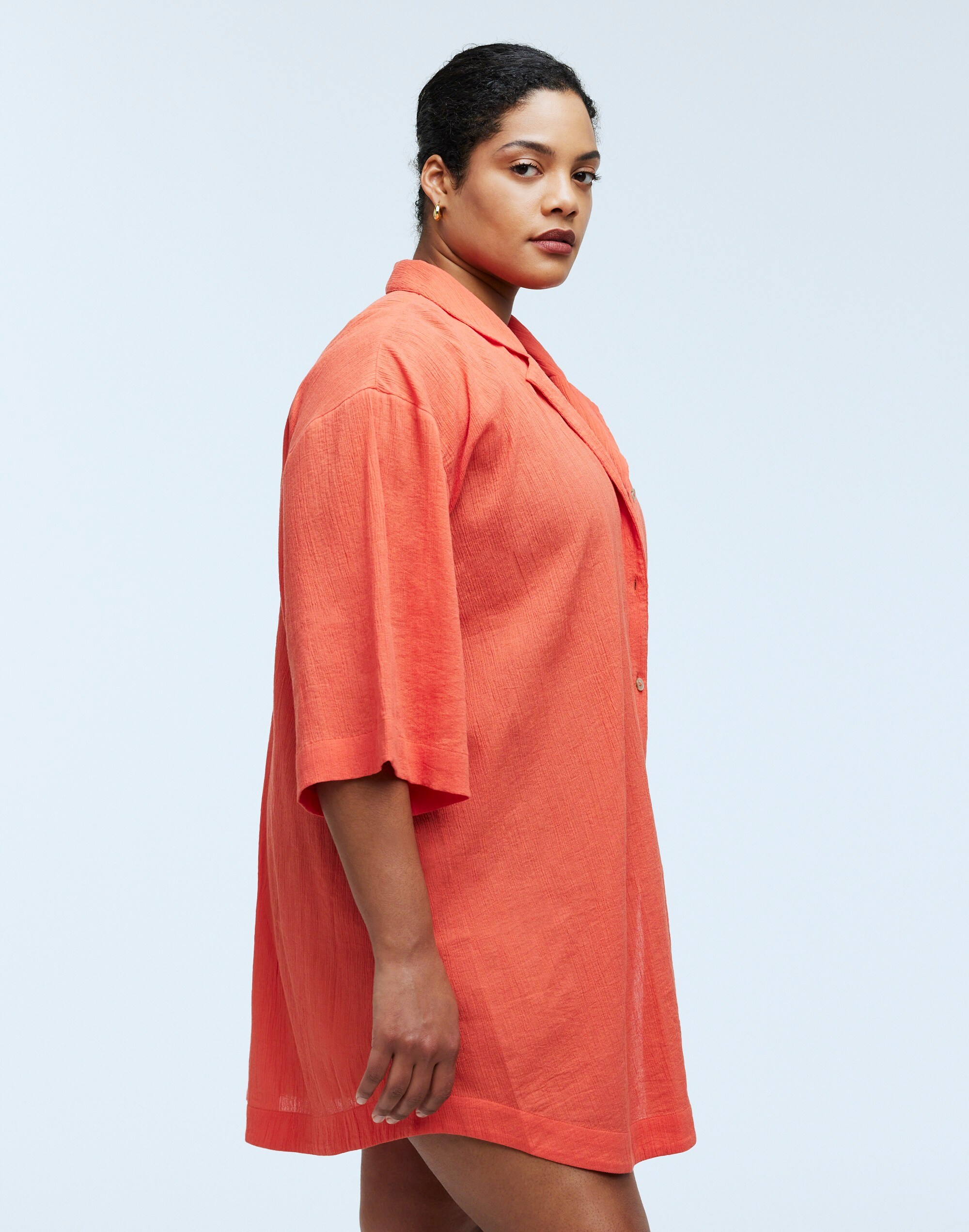 Plus Crinkle Cotton Cover-Up Mini Shirtdress