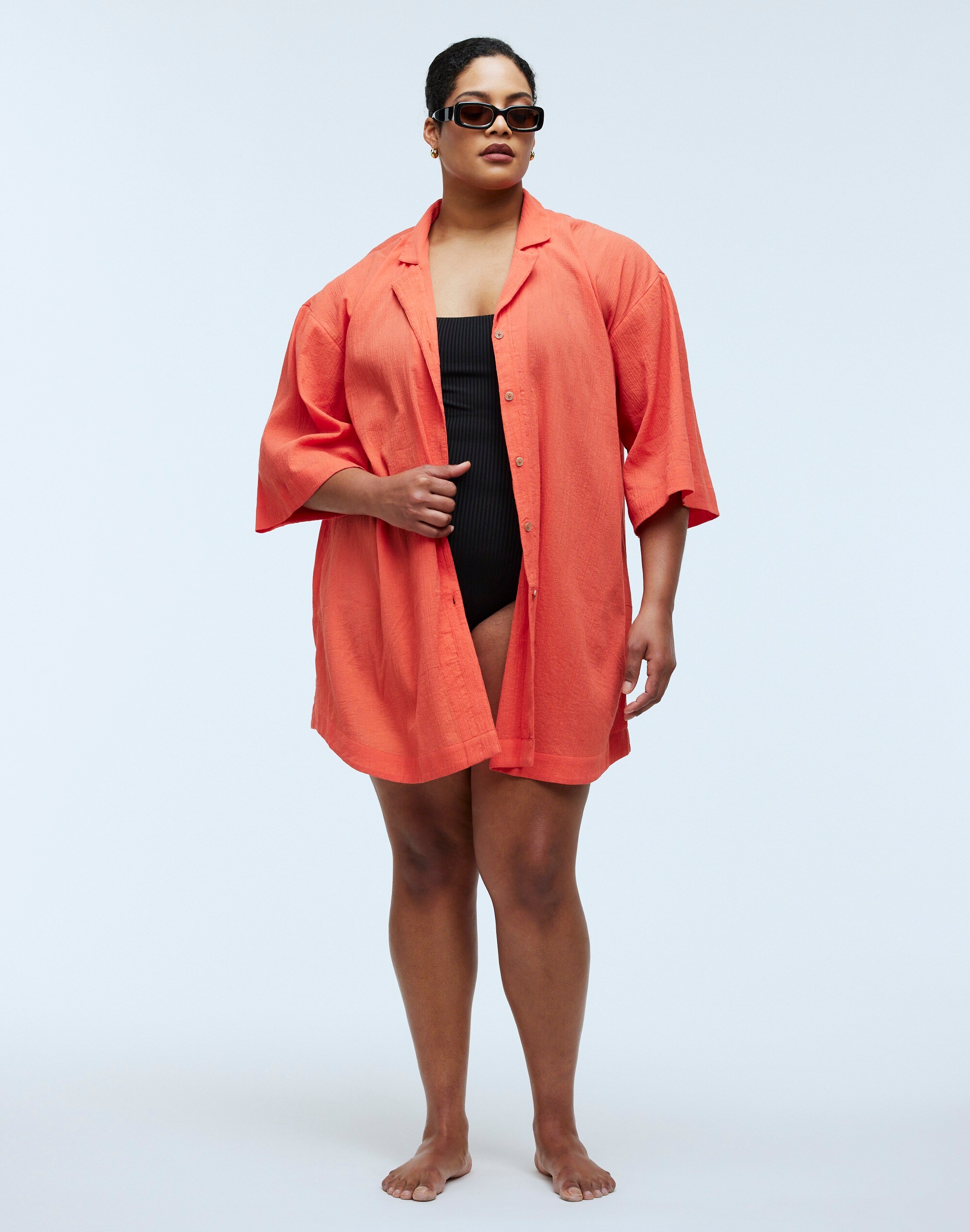 Plus Crinkle Cotton Cover-Up Mini Shirtdress