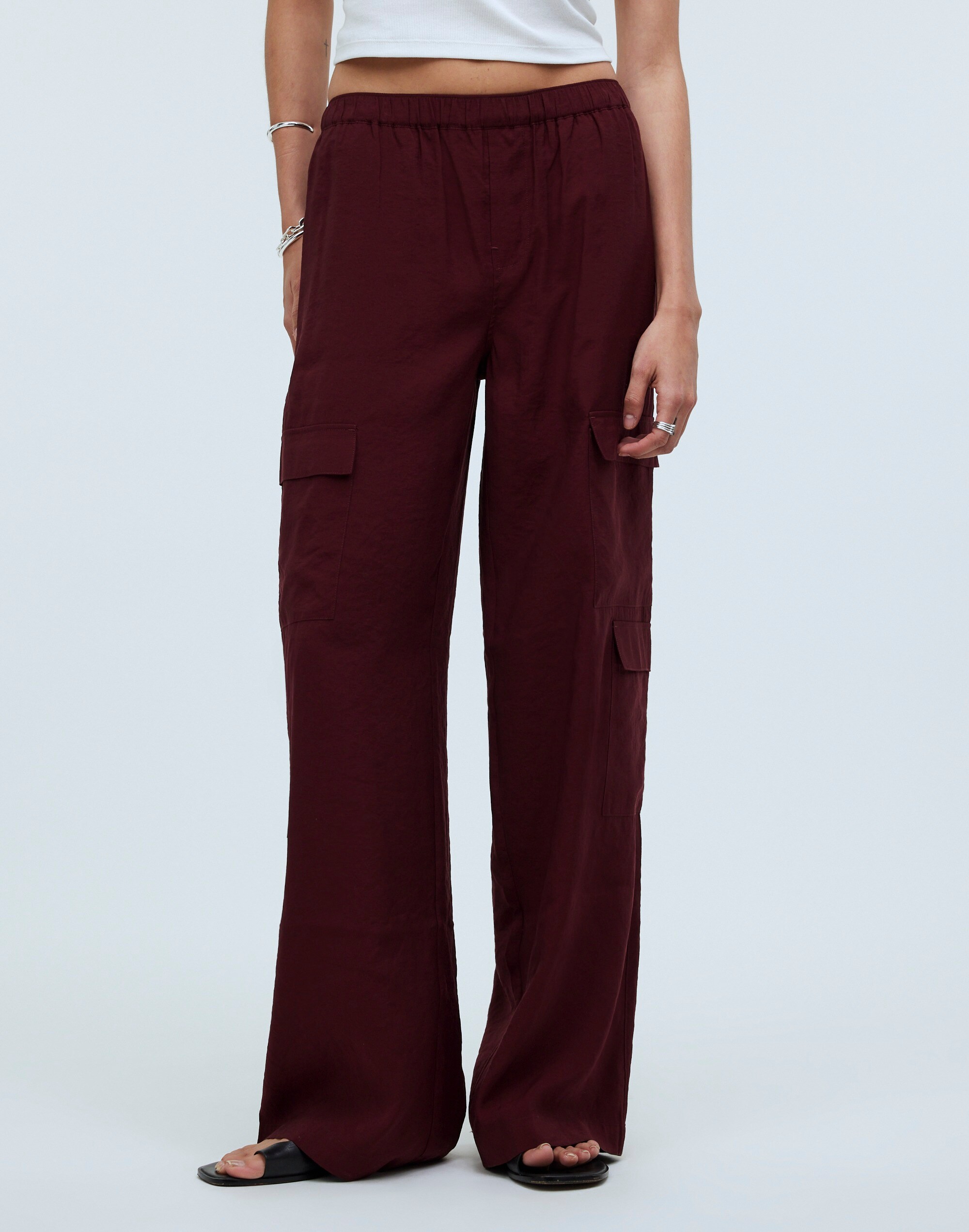 Shop Mw Pull-on Wide-leg Cargo Pants In Cabernet