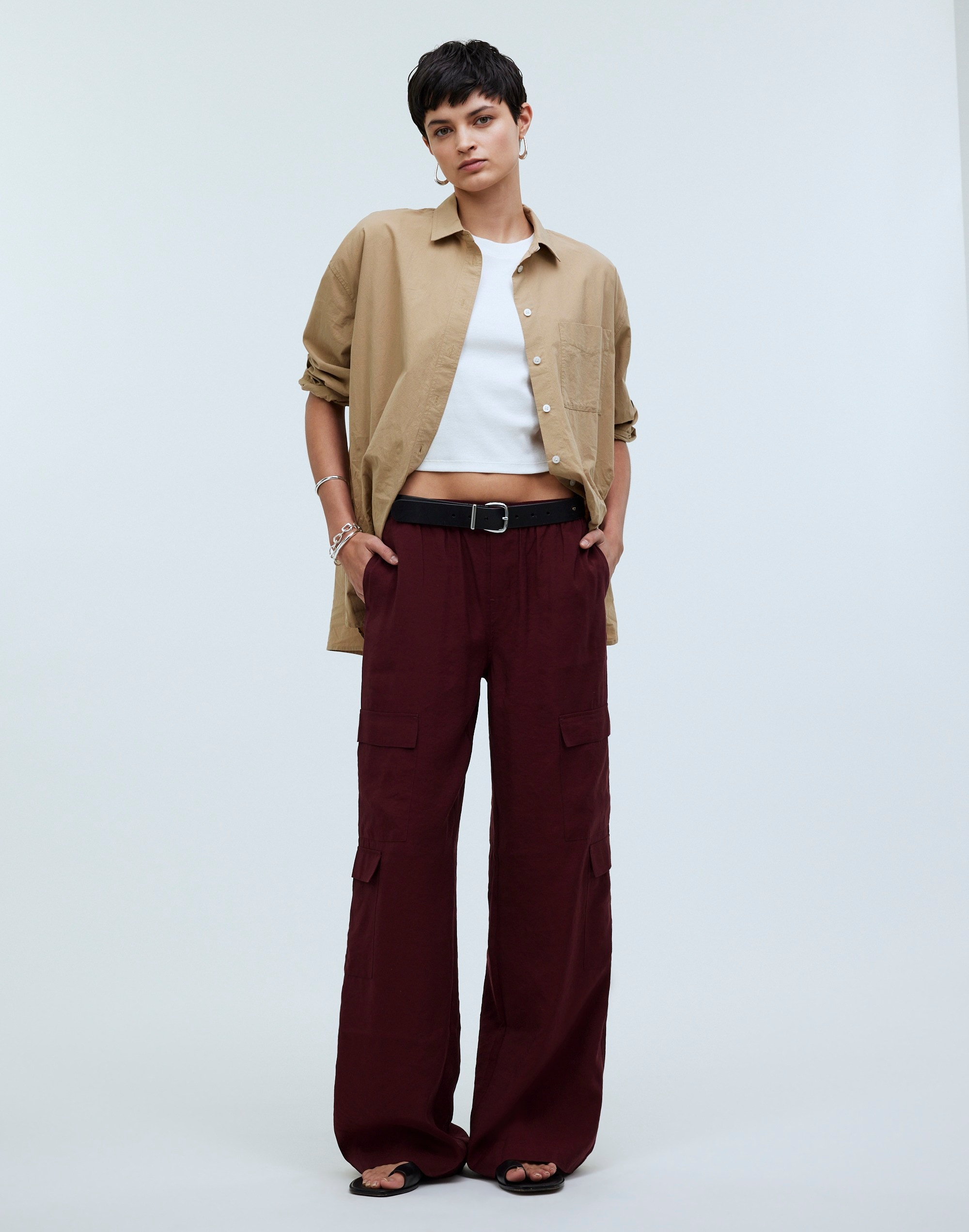 Mw Pull-on Wide-leg Cargo Pants In Cabernet