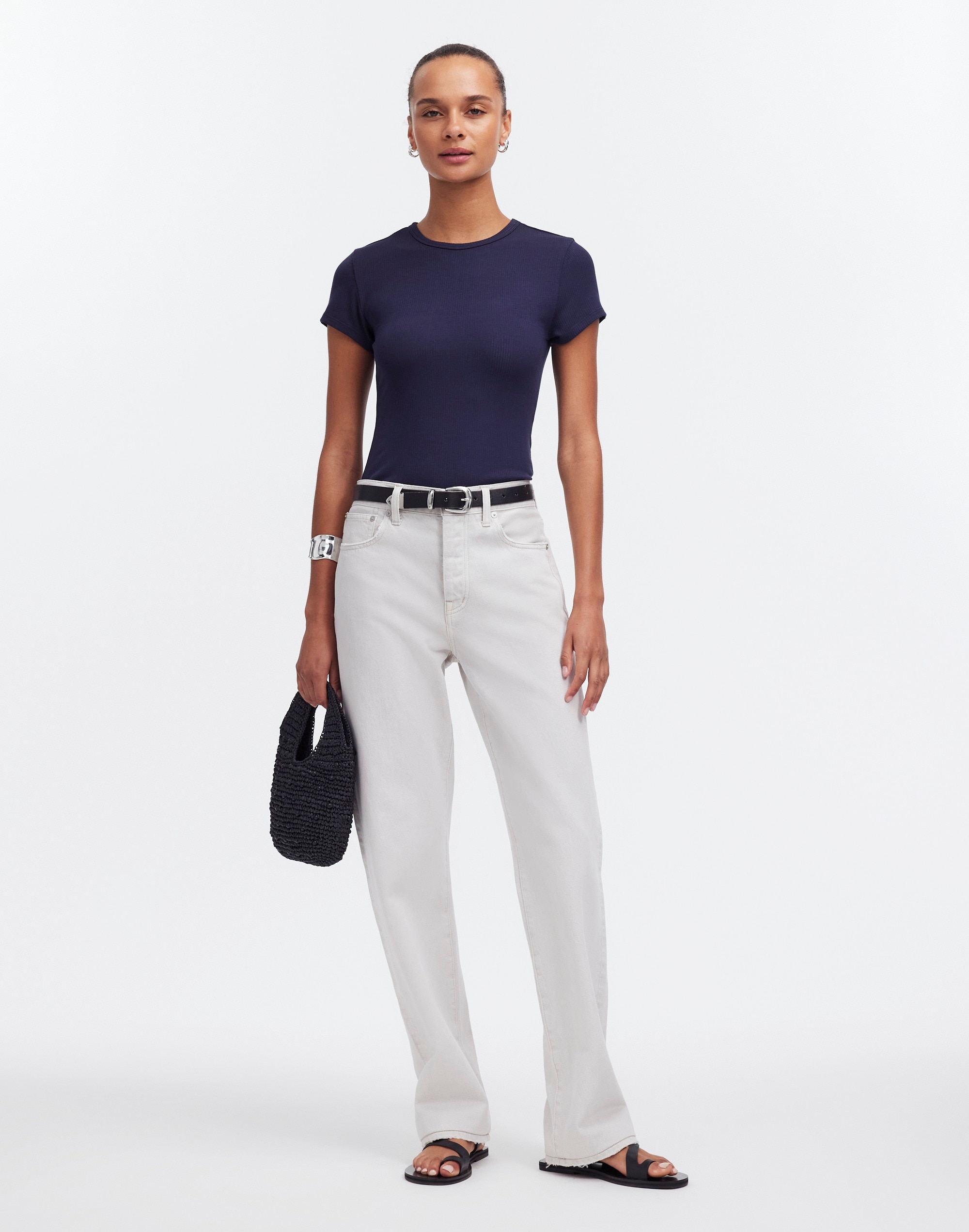 low-slung straight jeans in stone wash