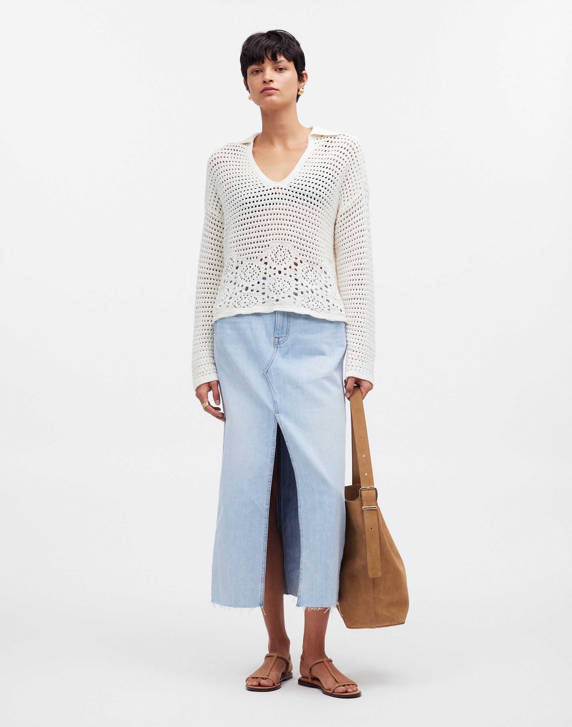 Shop Mw Crochet Polo Sweater In Bright Ivory