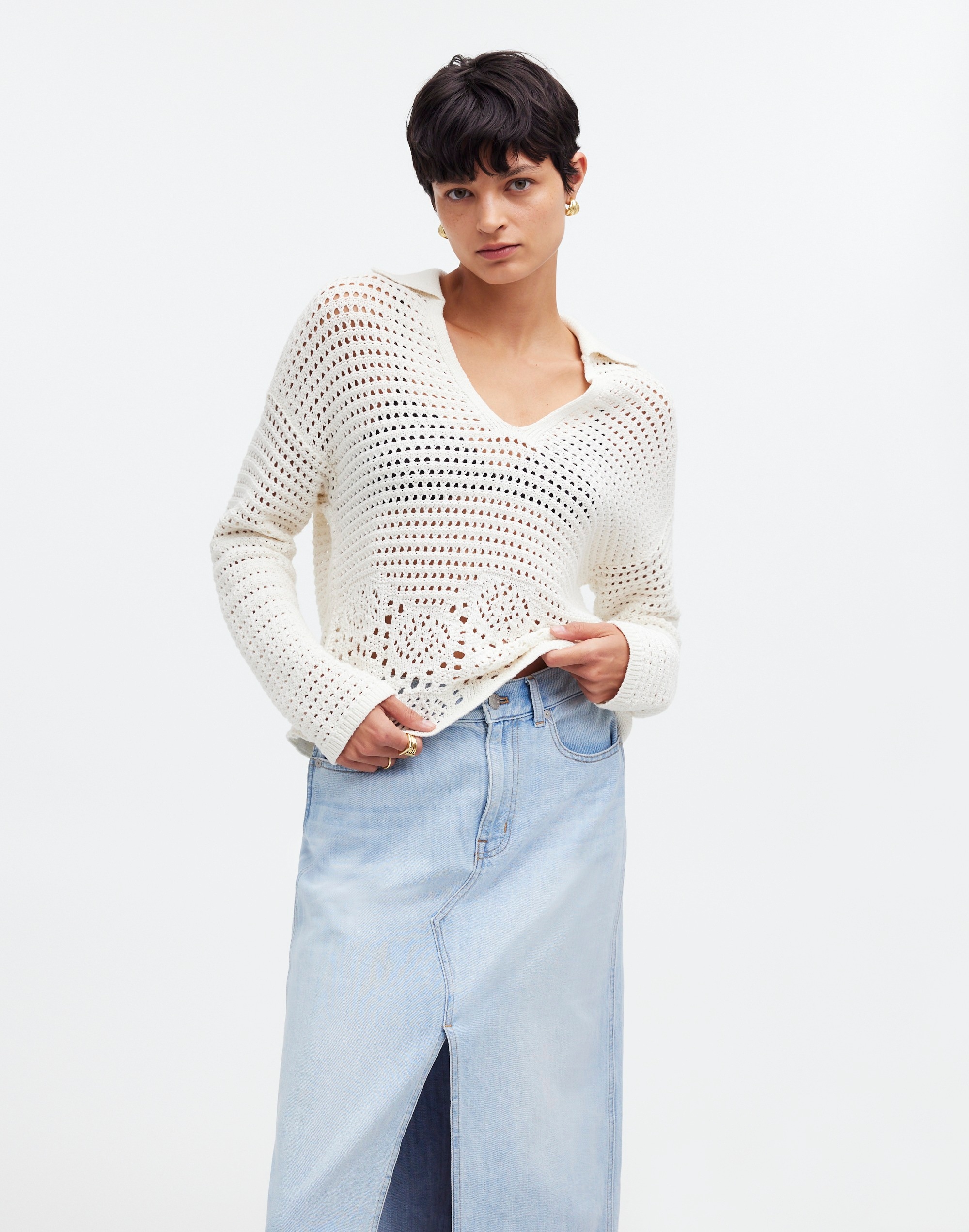 Mw Crochet Polo Sweater In Bright Ivory