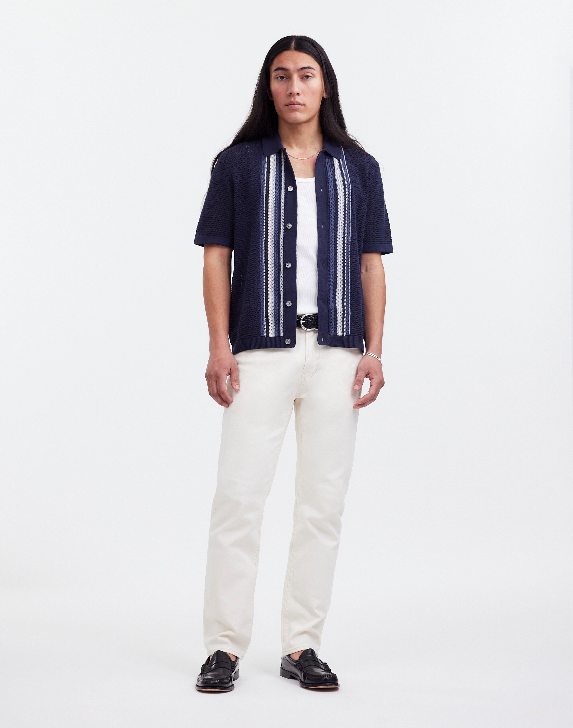 Button-Up Polo Shirt in Striped Open Stitch