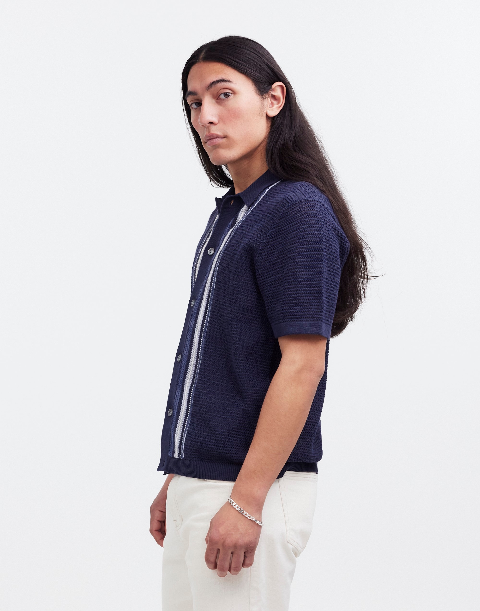 Button-Up Polo Shirt in Striped Open Stitch