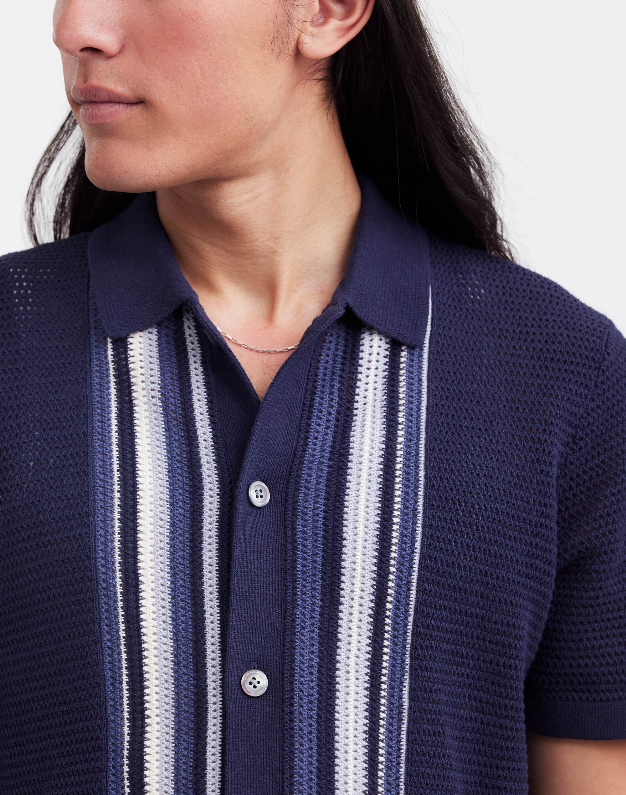 Button-Up Polo Shirt in Striped Open Stitch