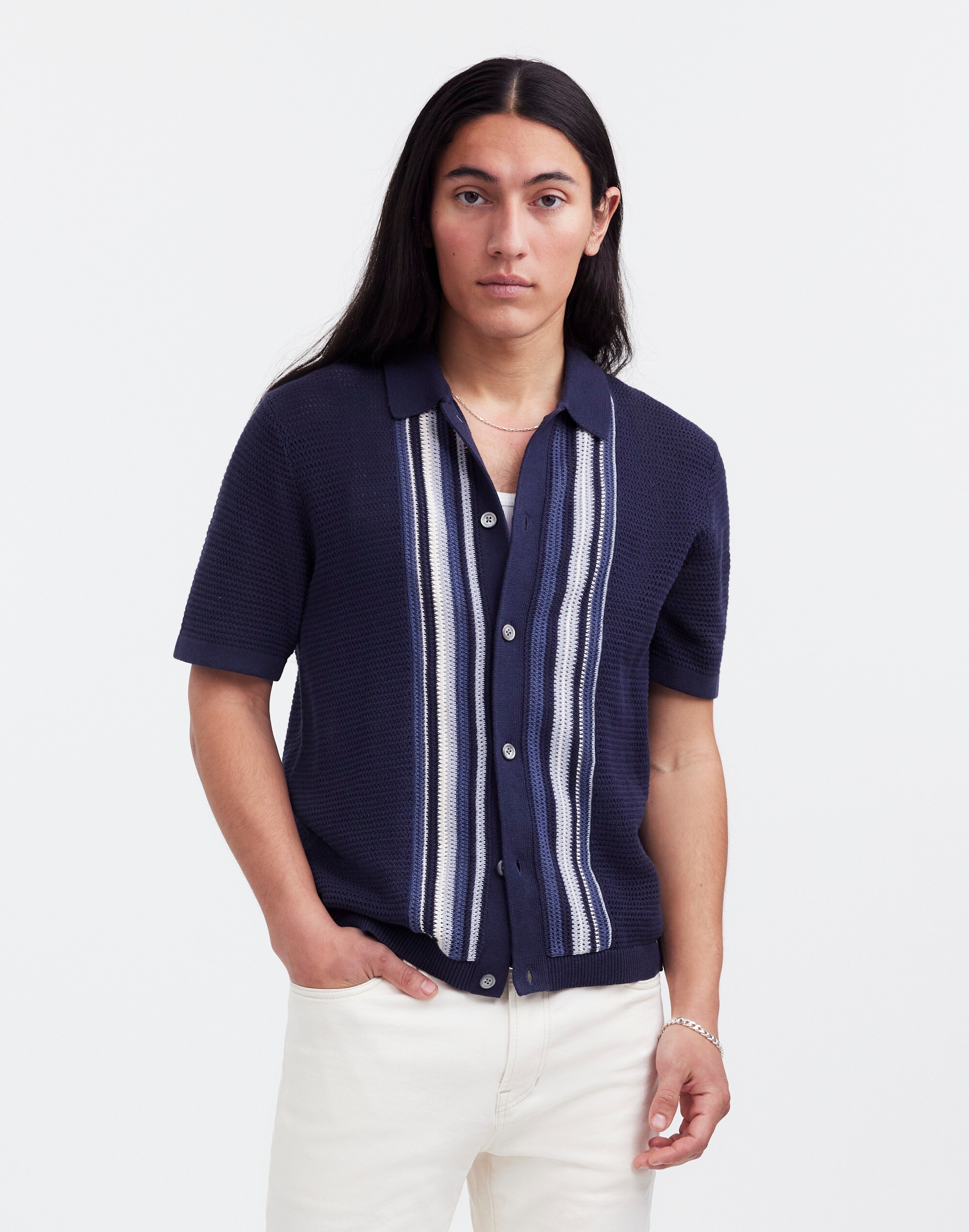 Button-Up Polo Shirt in Striped Open Stitch