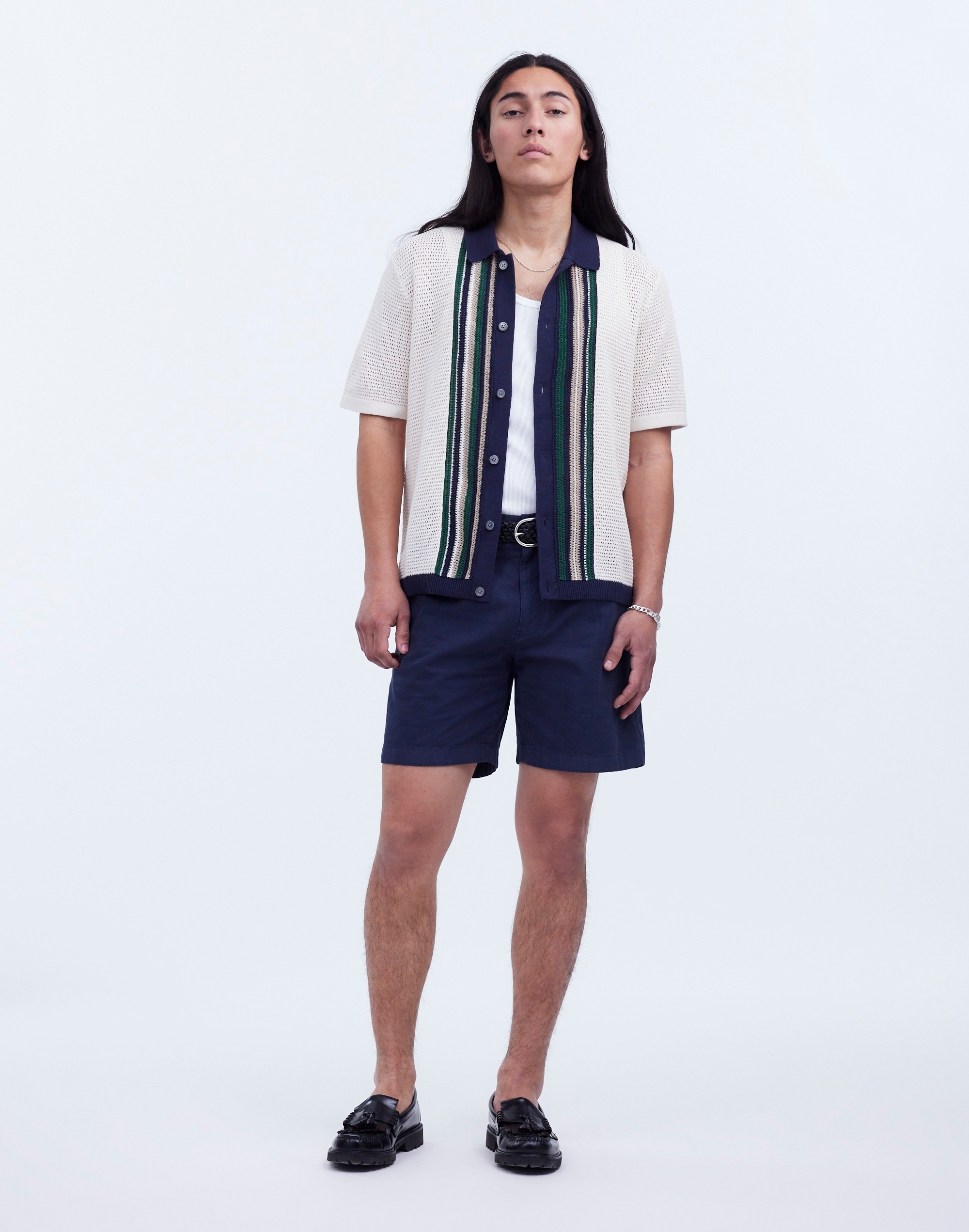 Button-Up Polo Shirt in Striped Open Stitch