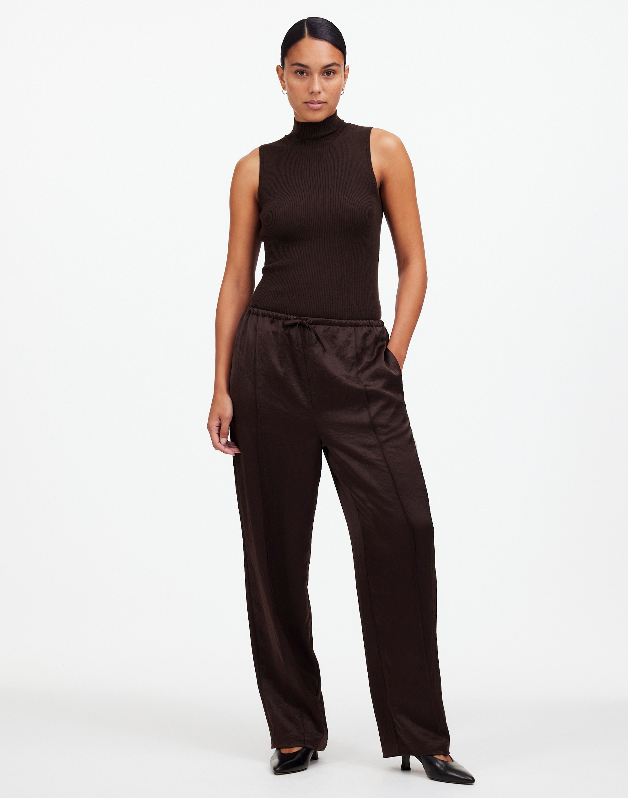 tall pintucked slim pull-on pants in satin
