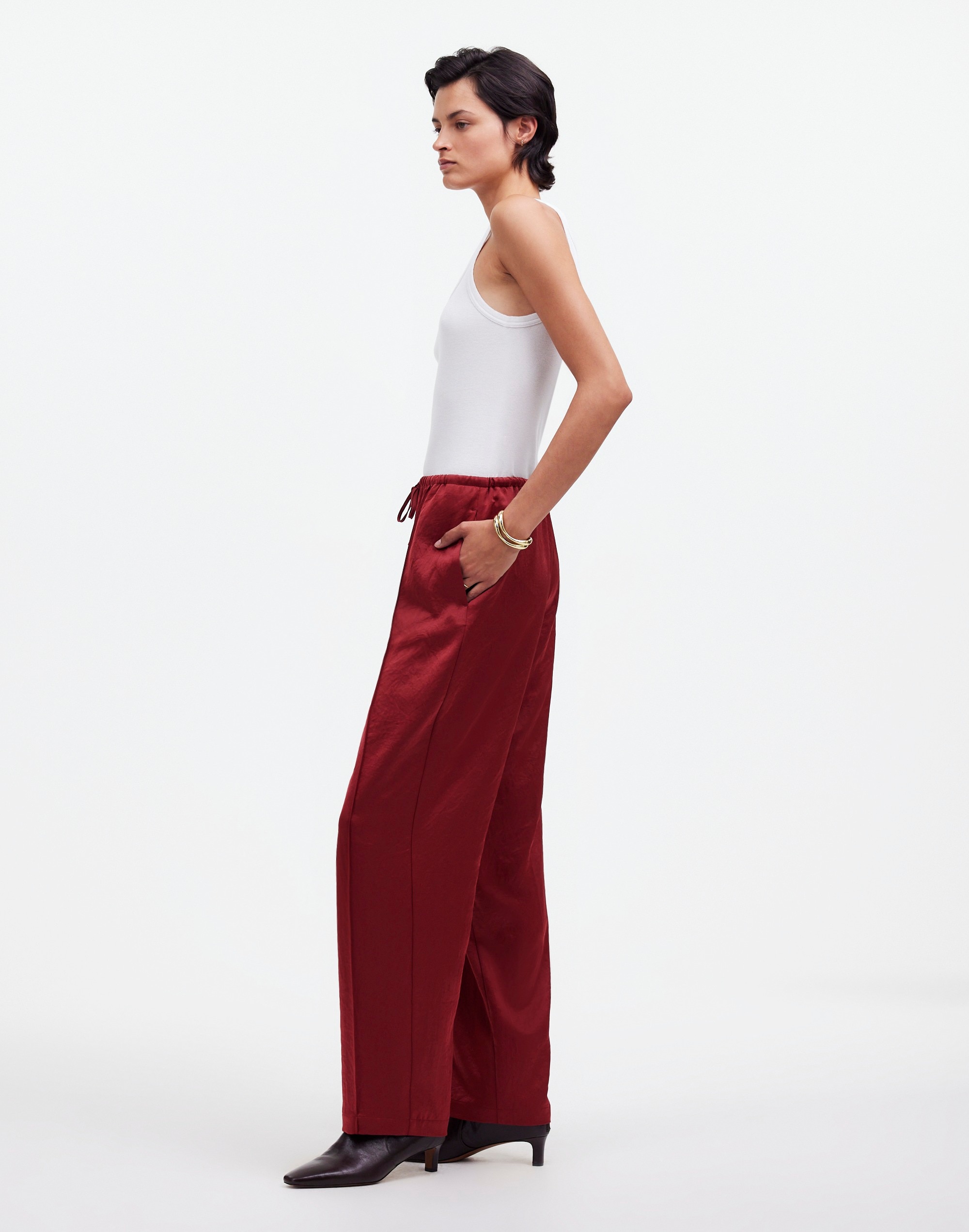 Petite Pintucked Slim Pull-On Pants in Satin in claret image 3