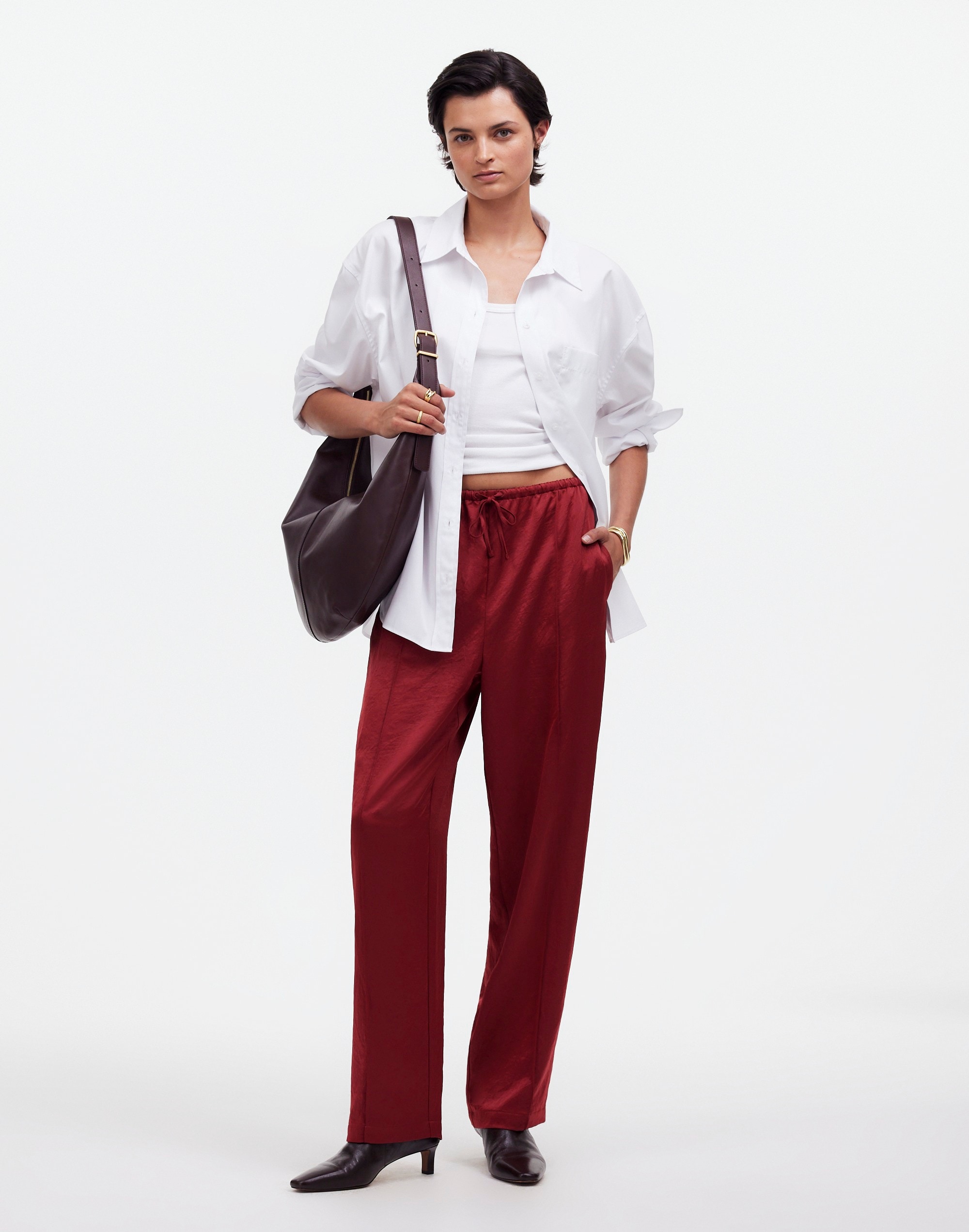 Petite Pintucked Slim Pull-On Pants in Satin in claret image 1