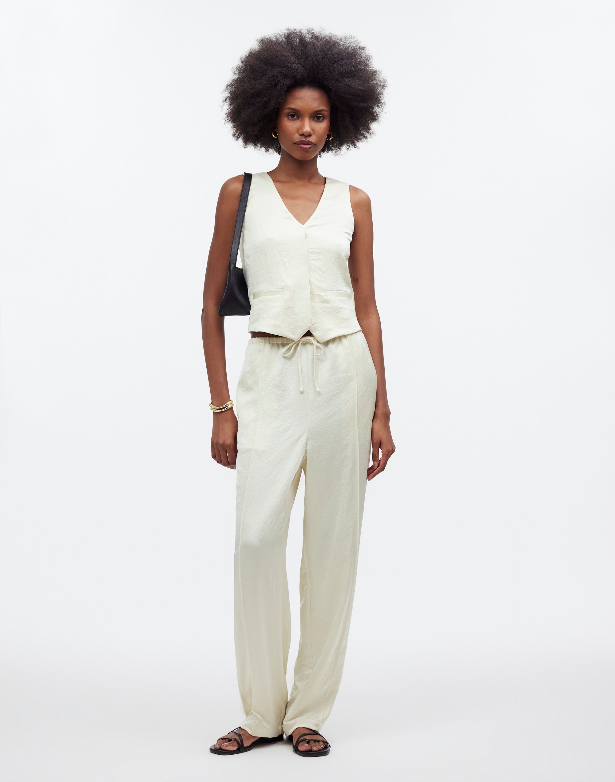 pintucked slim pull-on pants in satin
