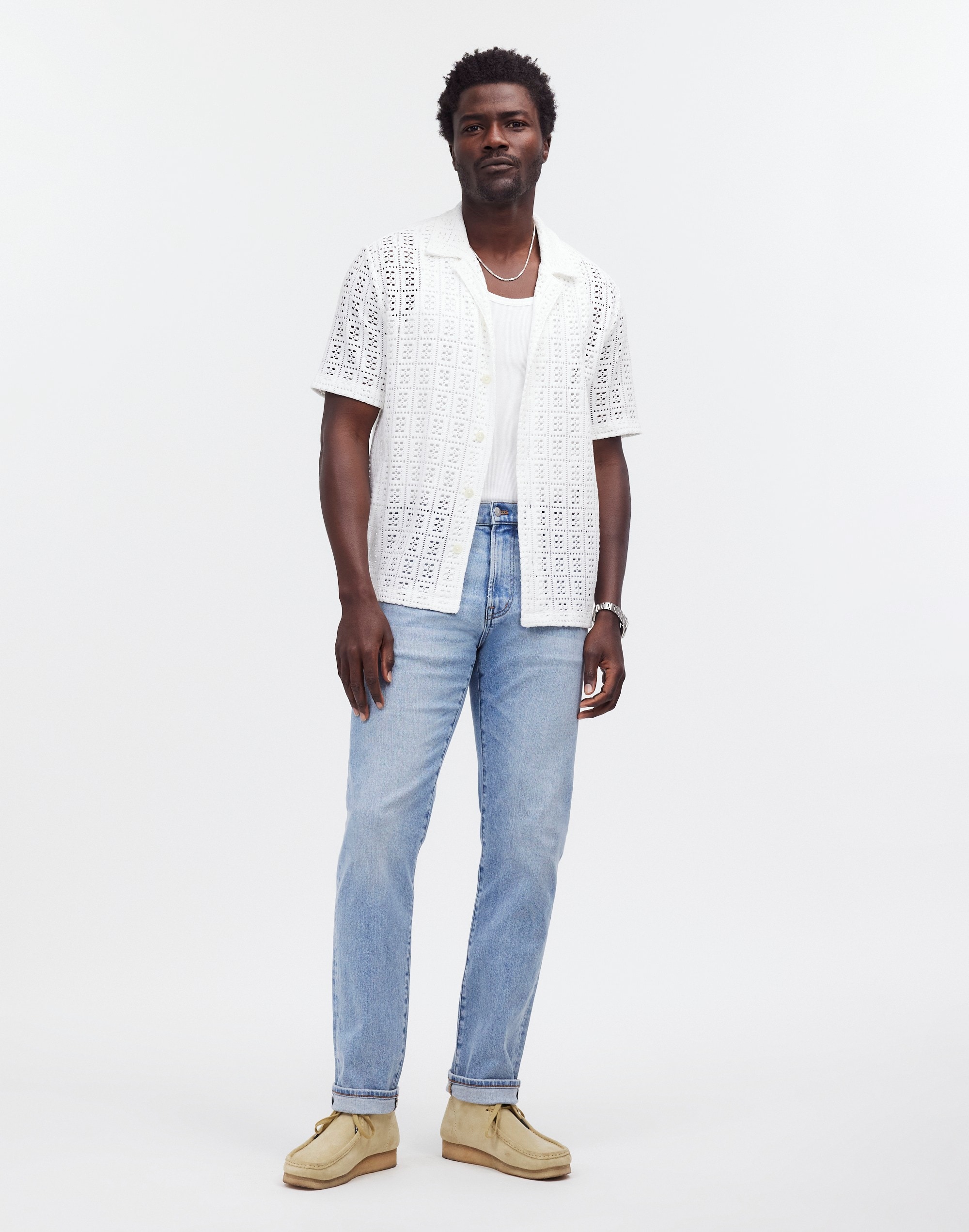 Crochet-Stitch Short-Sleeve Shirt