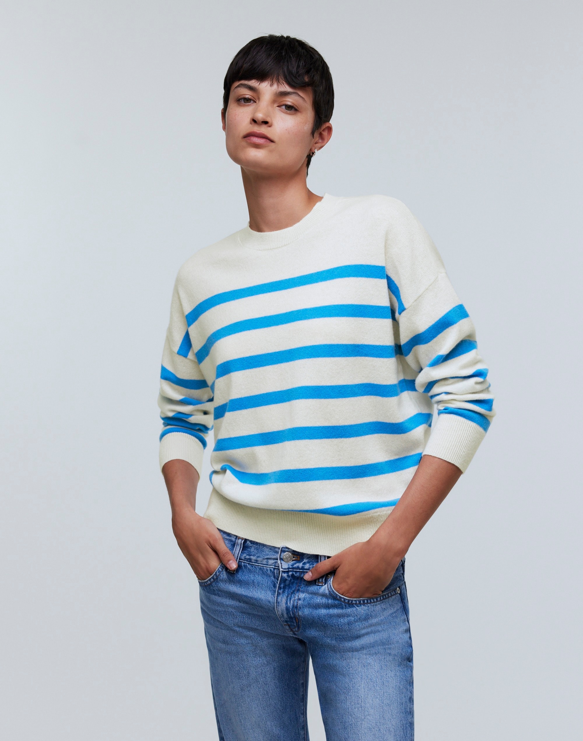 Shop Mw (re)sponsible Cashmere Oversized Crewneck Sweater In Hthr Blue Sky Stripe