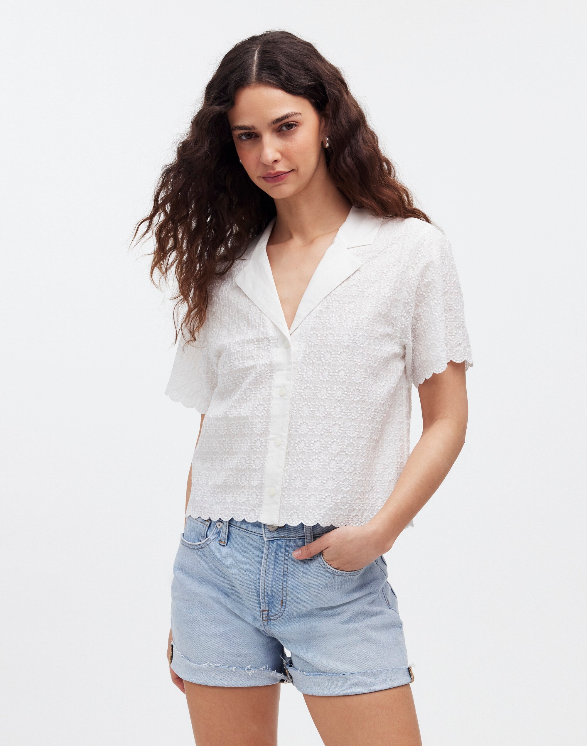 Embroidered Semi-Sheer Resort Shirt in eyelet white image 2