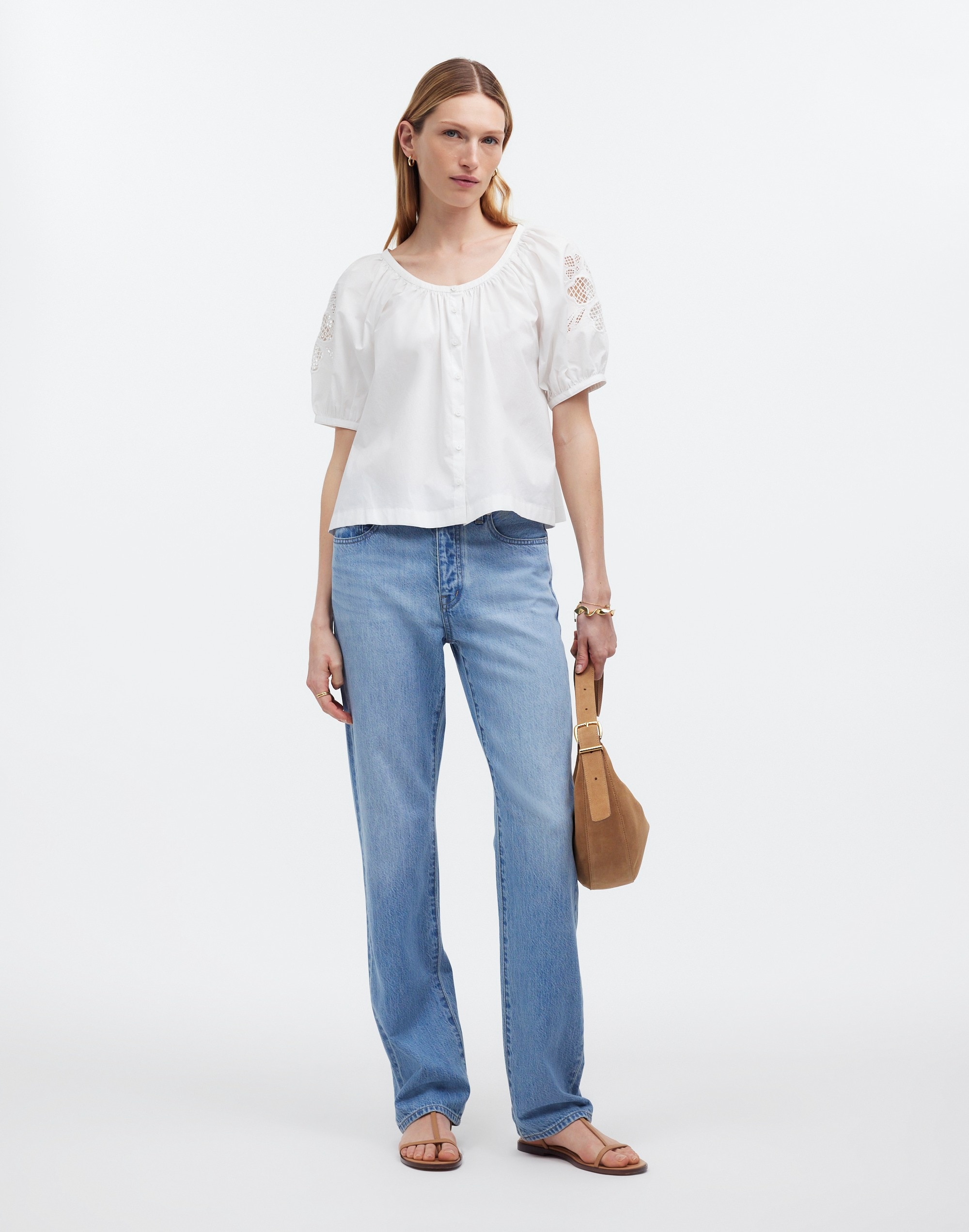 Embroidered Puff-Sleeve A-Line Top in Poplin