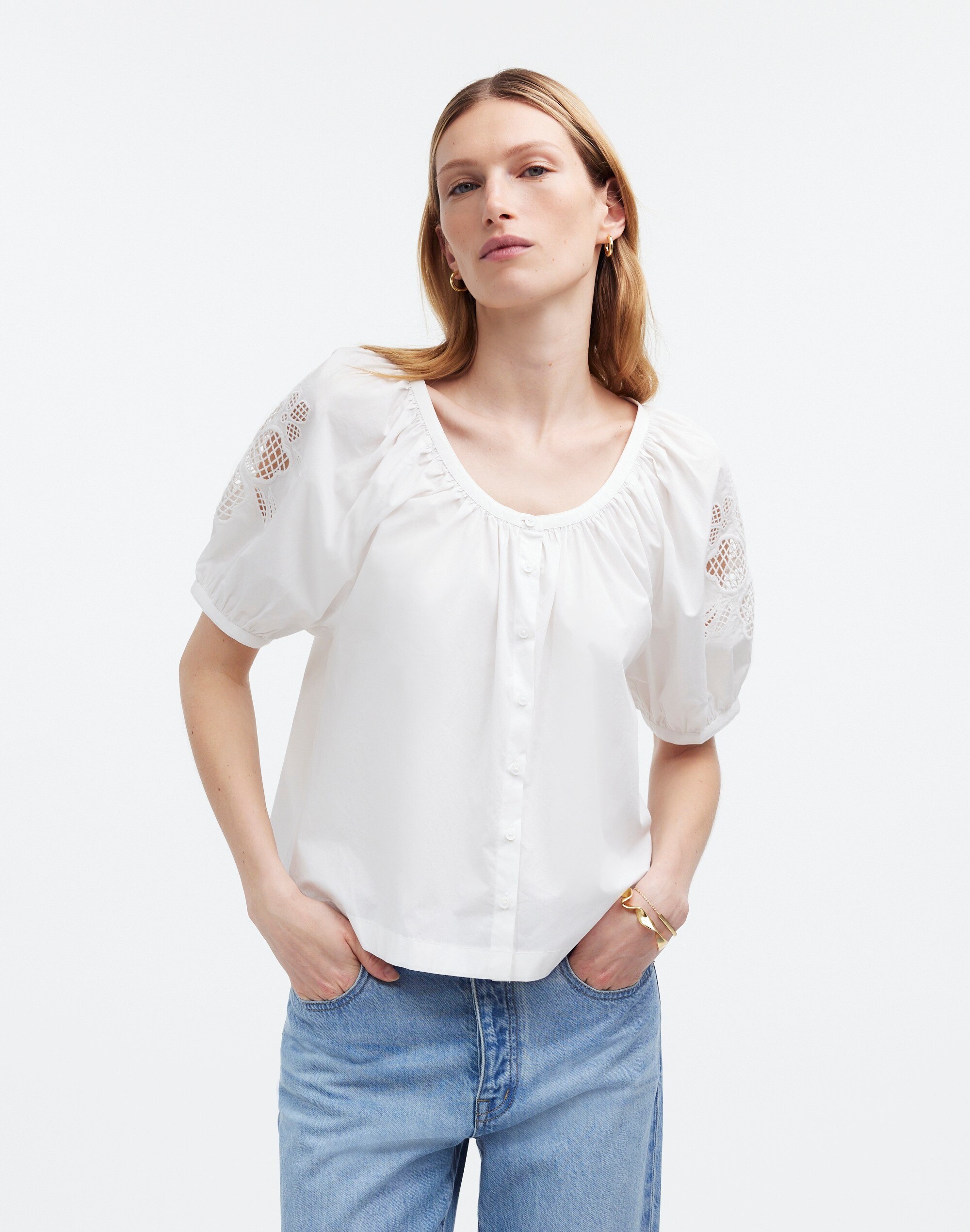 Embroidered Puff-Sleeve A-Line Top in Poplin