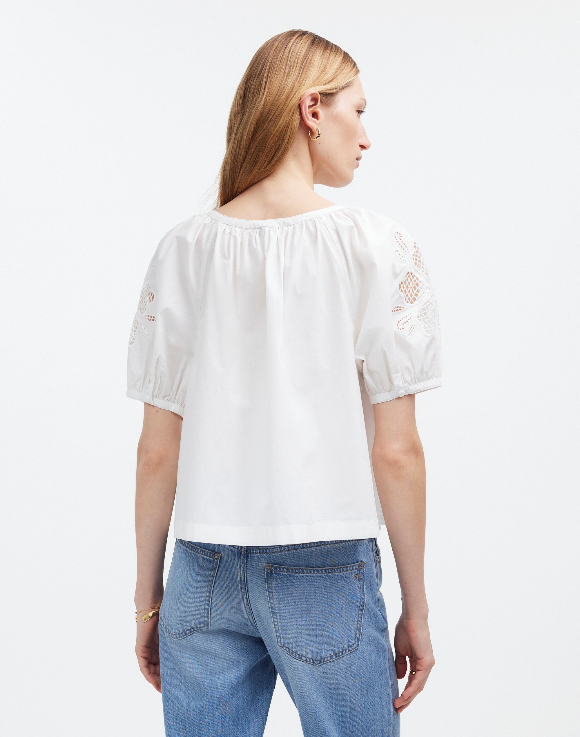 Embroidered Puff-Sleeve A-Line Top in Poplin