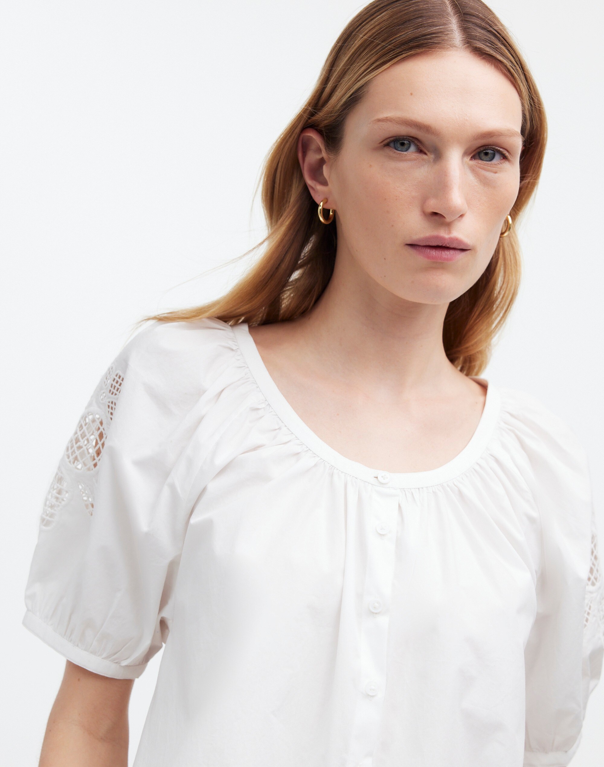 Embroidered Puff-Sleeve A-Line Top in Poplin