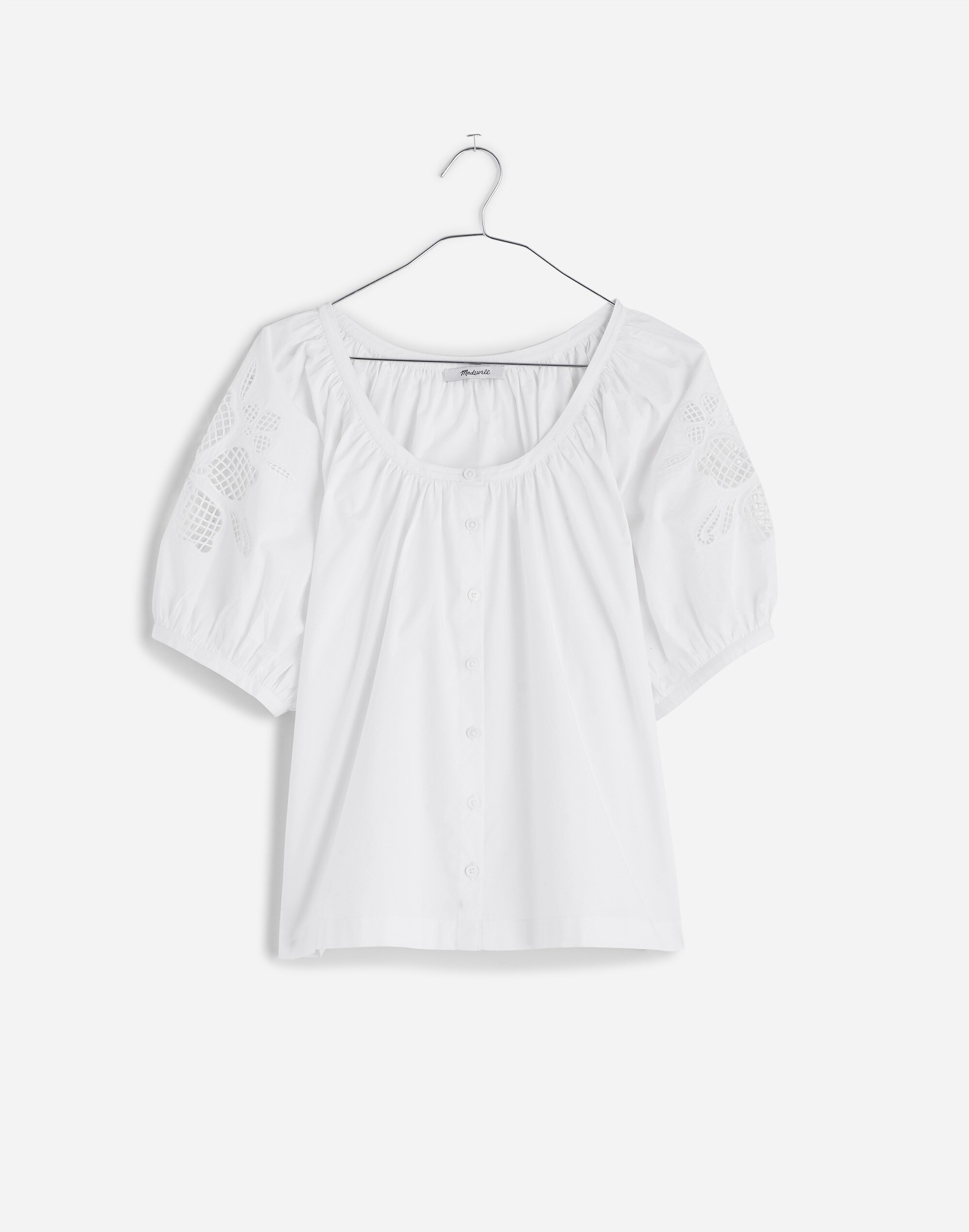 Embroidered Puff-Sleeve A-Line Top in Poplin