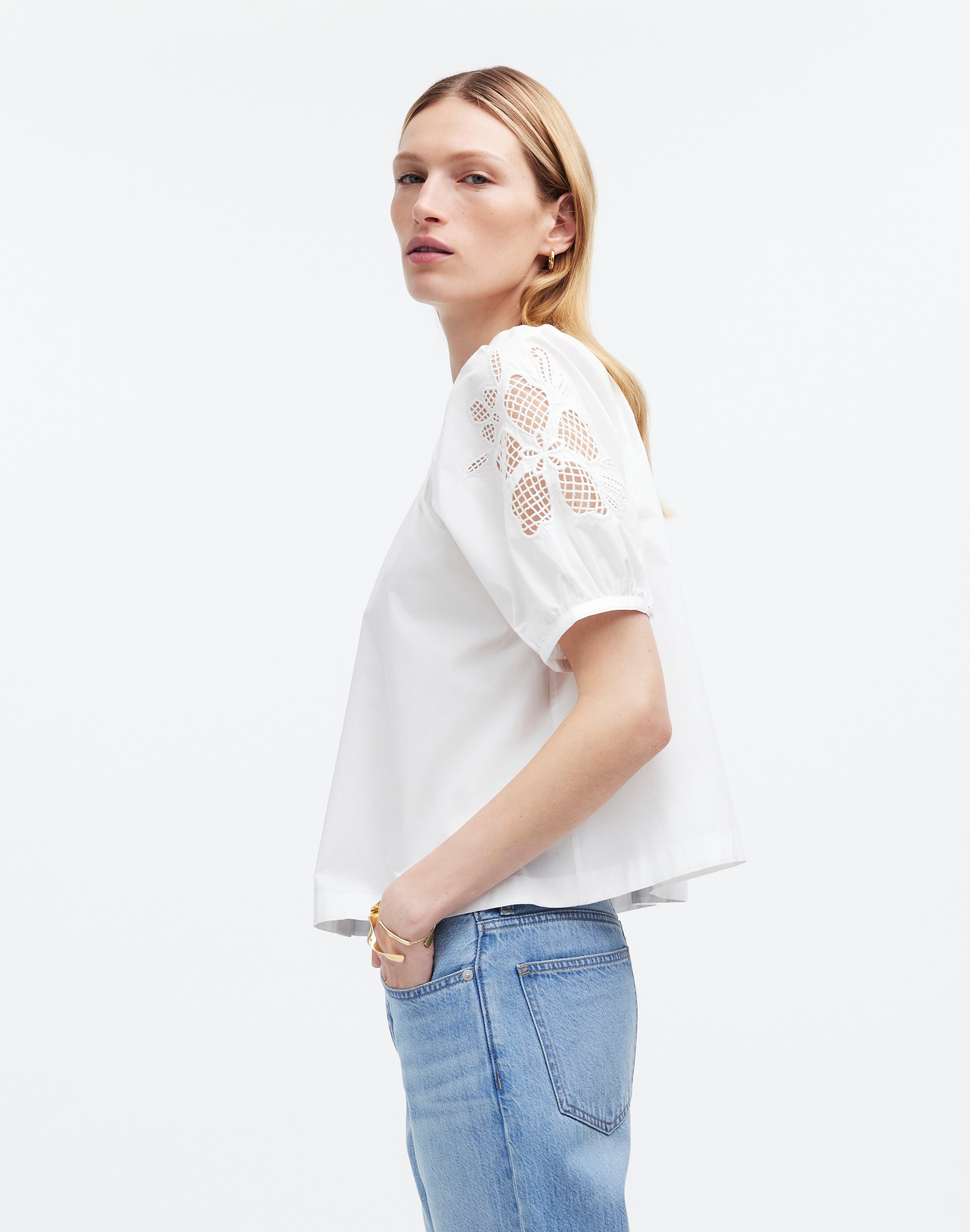 Mw Embroidered Puff-sleeve A-line Top In Eyelet White