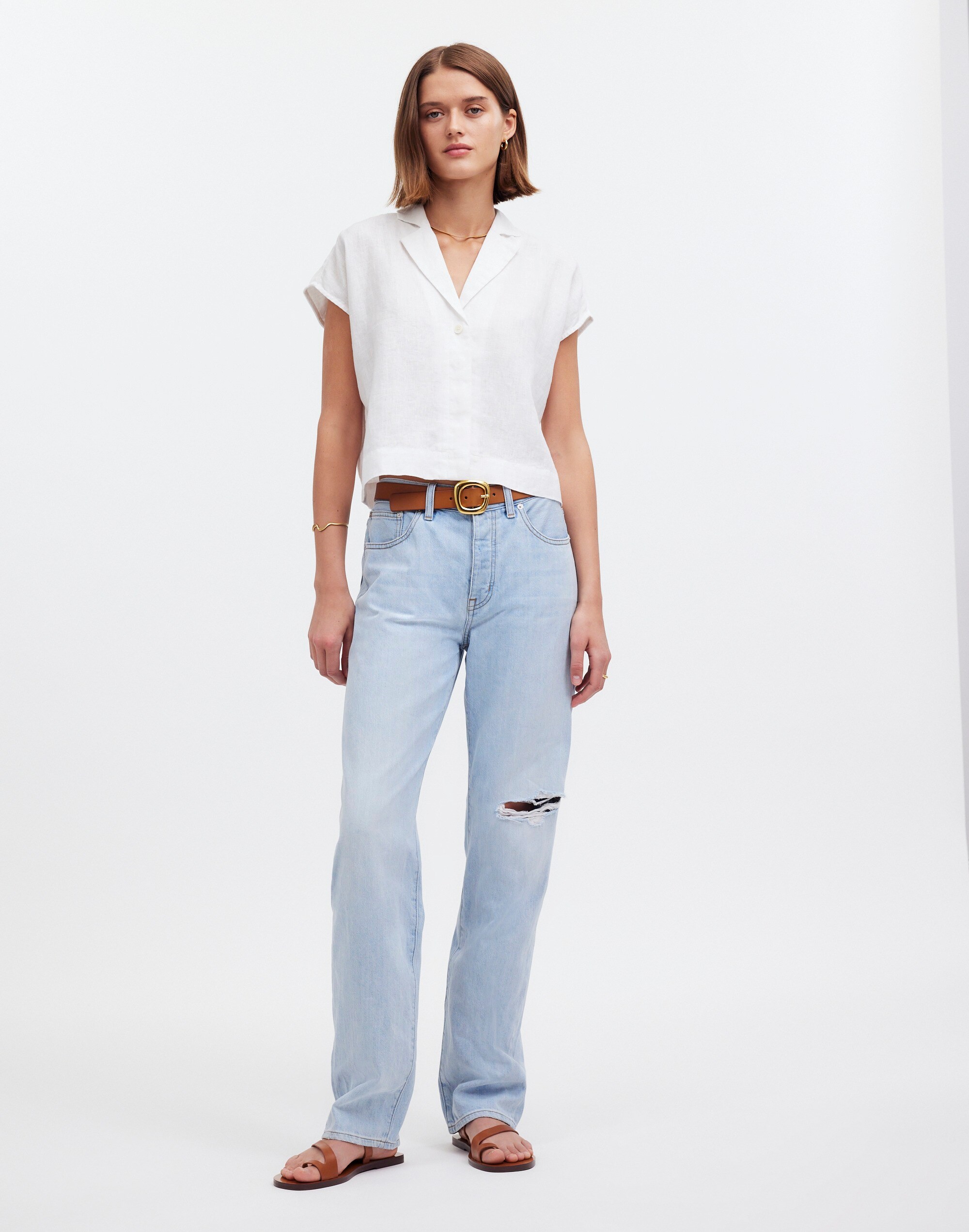 Boxy Cap-Sleeve Shirt in 100% Linen