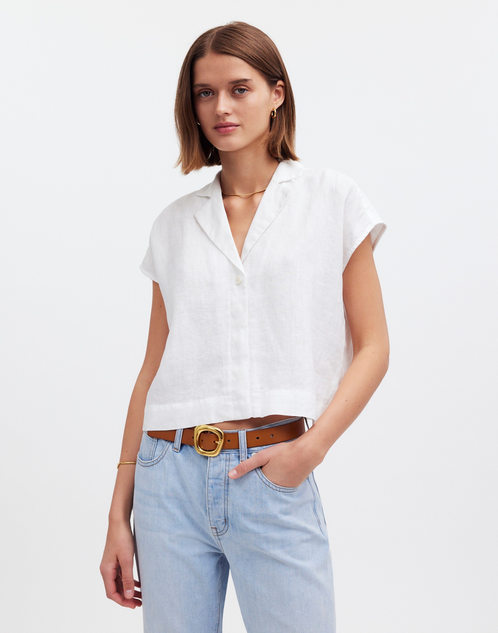 Boxy Cap-Sleeve Shirt in 100% Linen