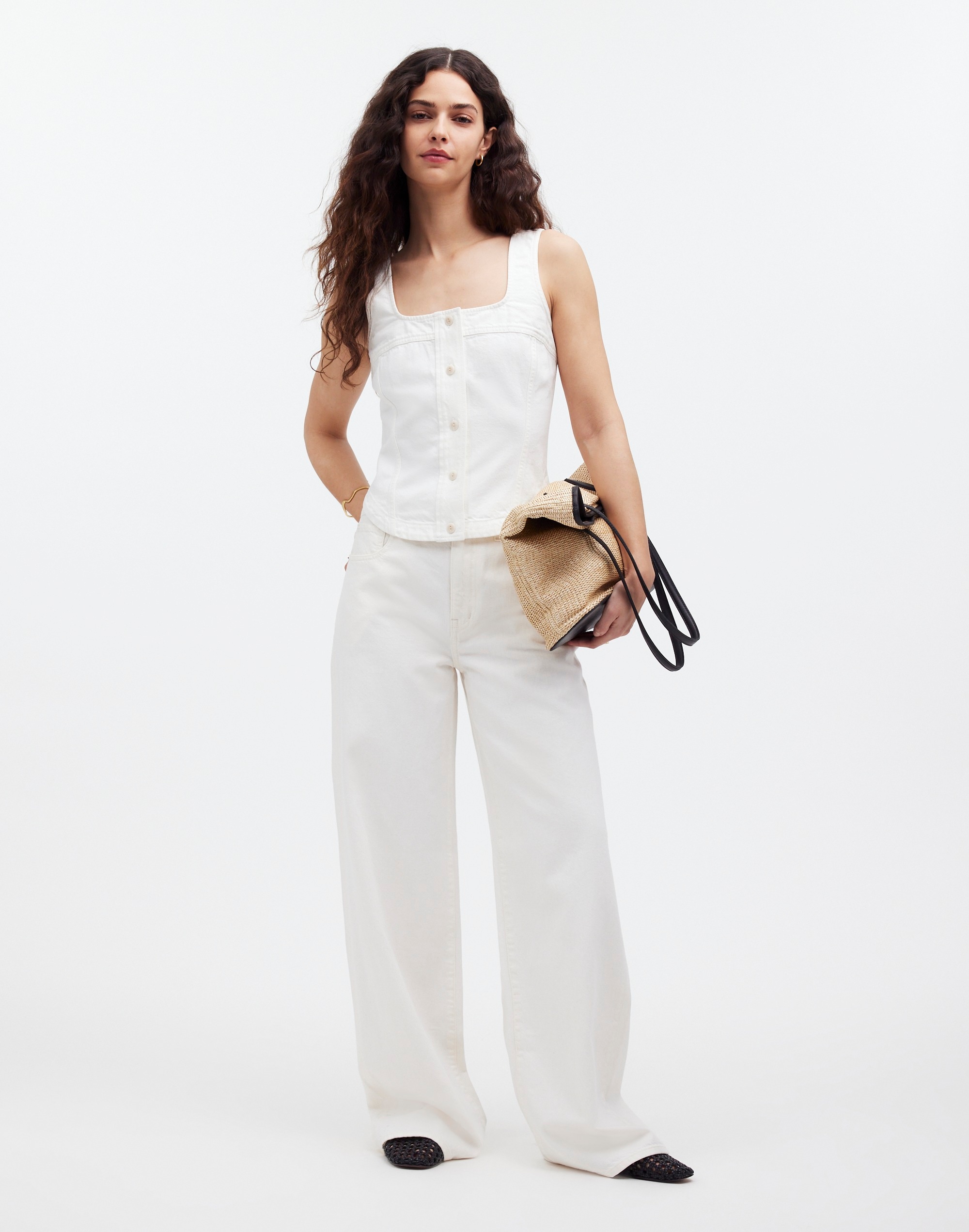 Mw Denim Button-front Top In Tile White
