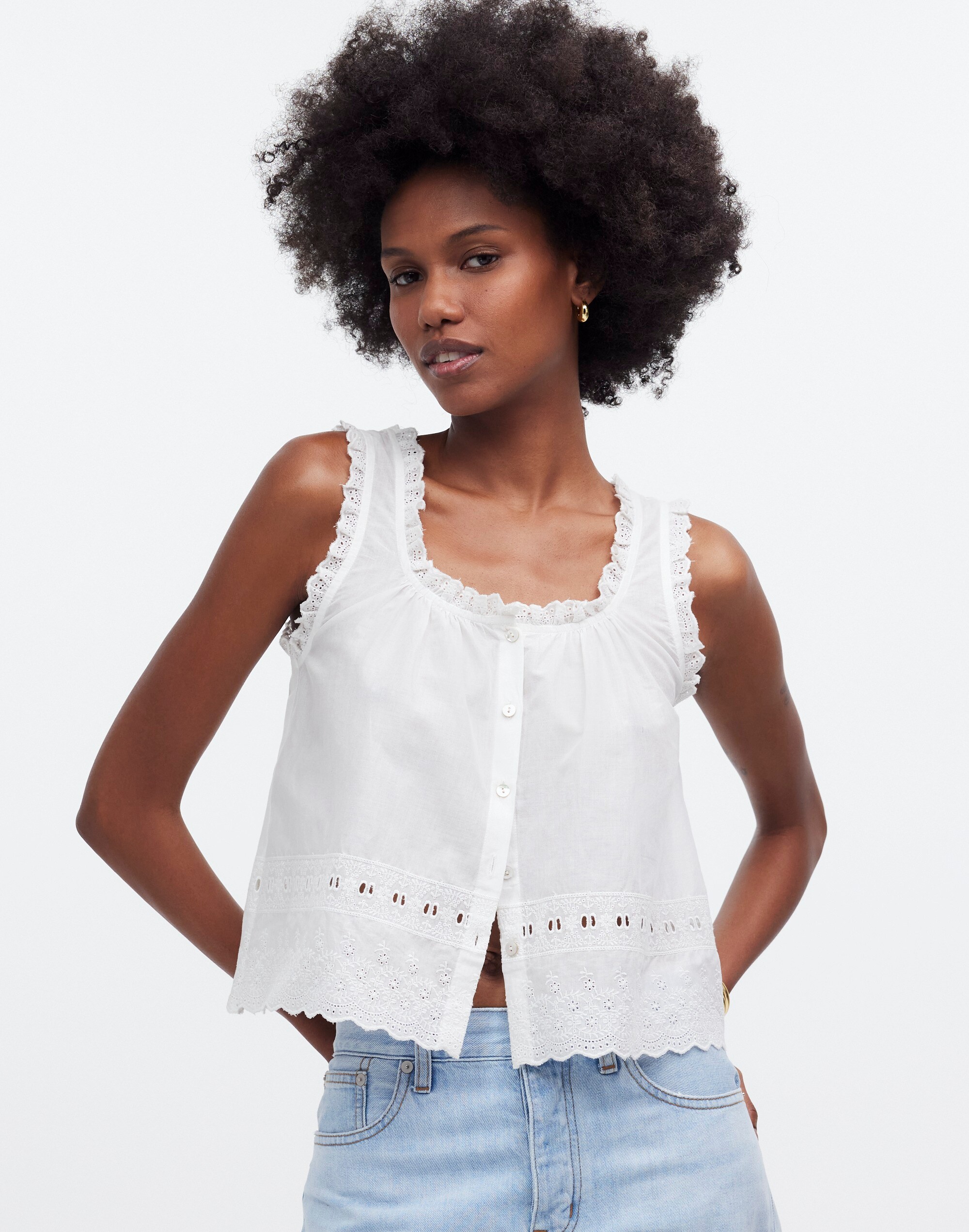 Embroidered Ruffle-Trim Top
