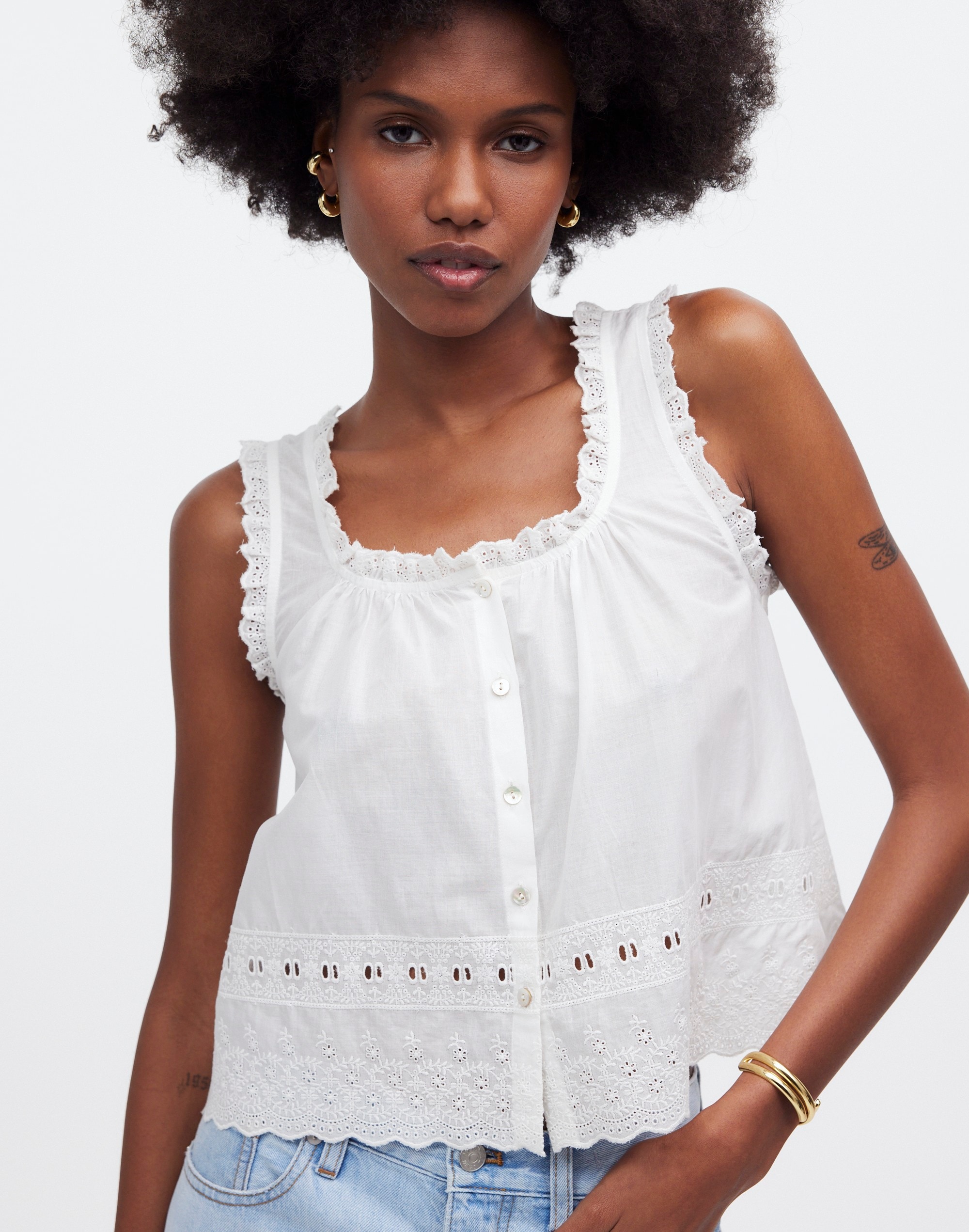 Mw Embroidered Ruffle-trim Top In Eyelet White