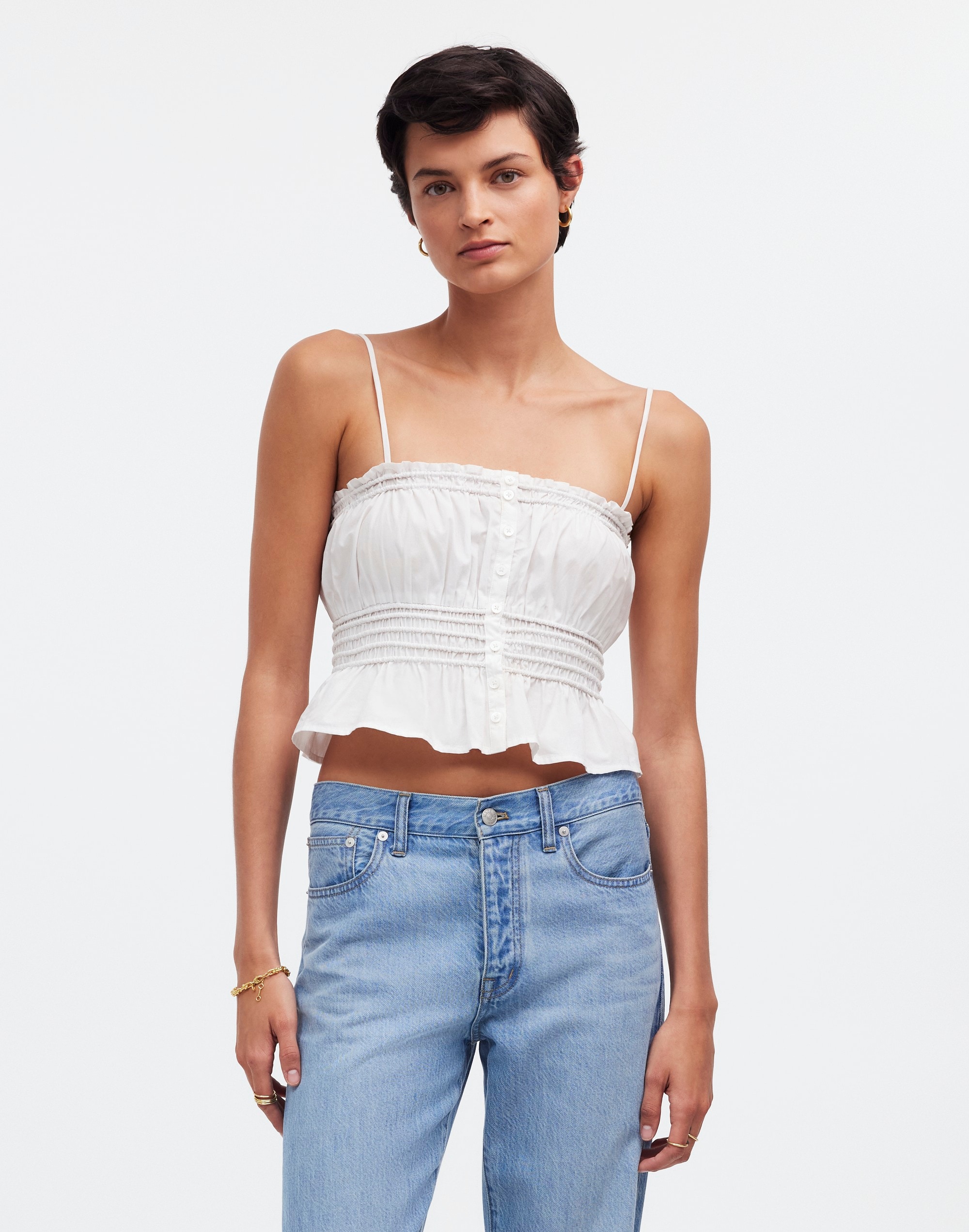 smocked button-front top in poplin
