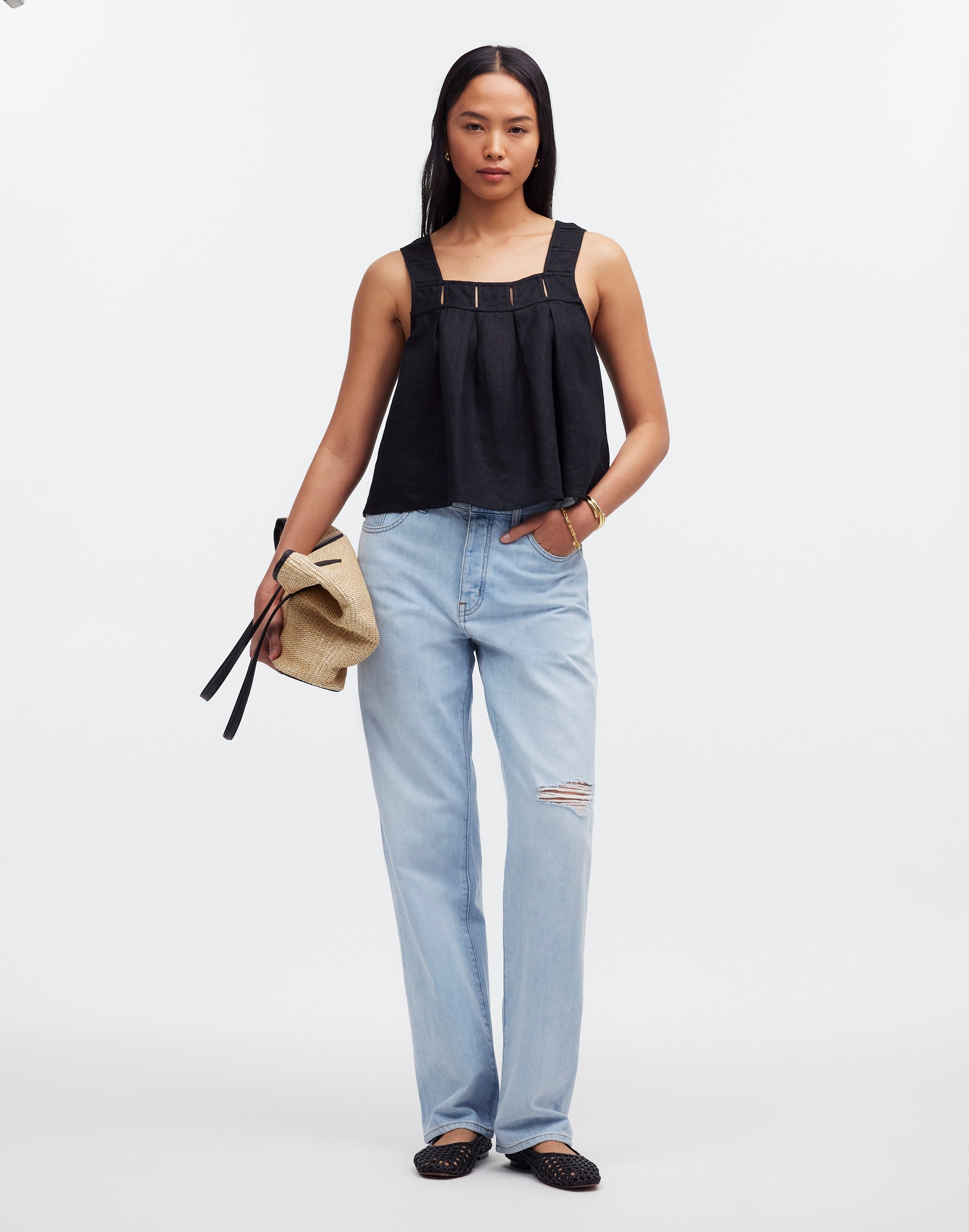 Embroidered A-Line Top in 100% Linen