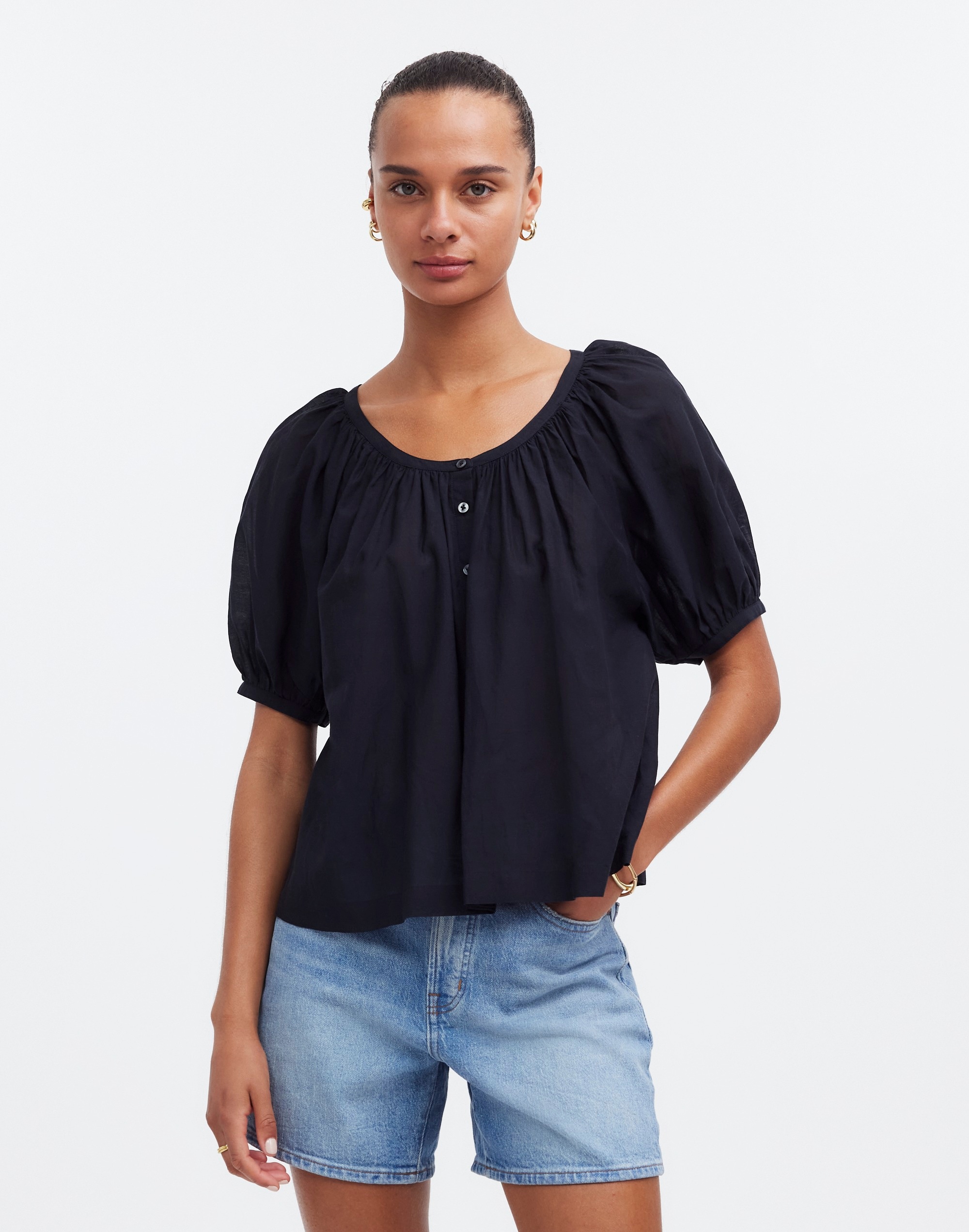 Mw Puff-sleeve A-line Top In Black