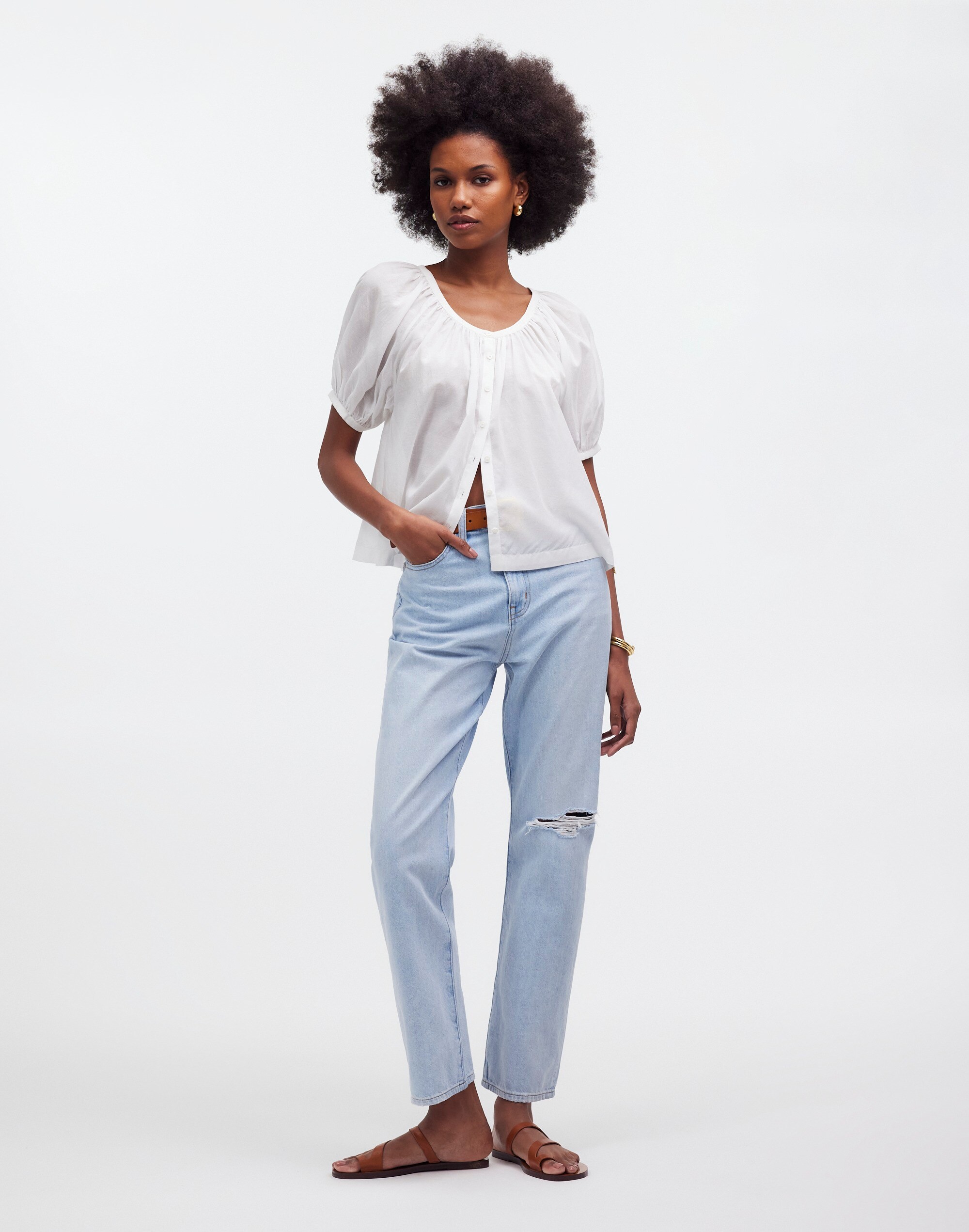 Shop Mw Puff-sleeve A-line Top In Eyelet White