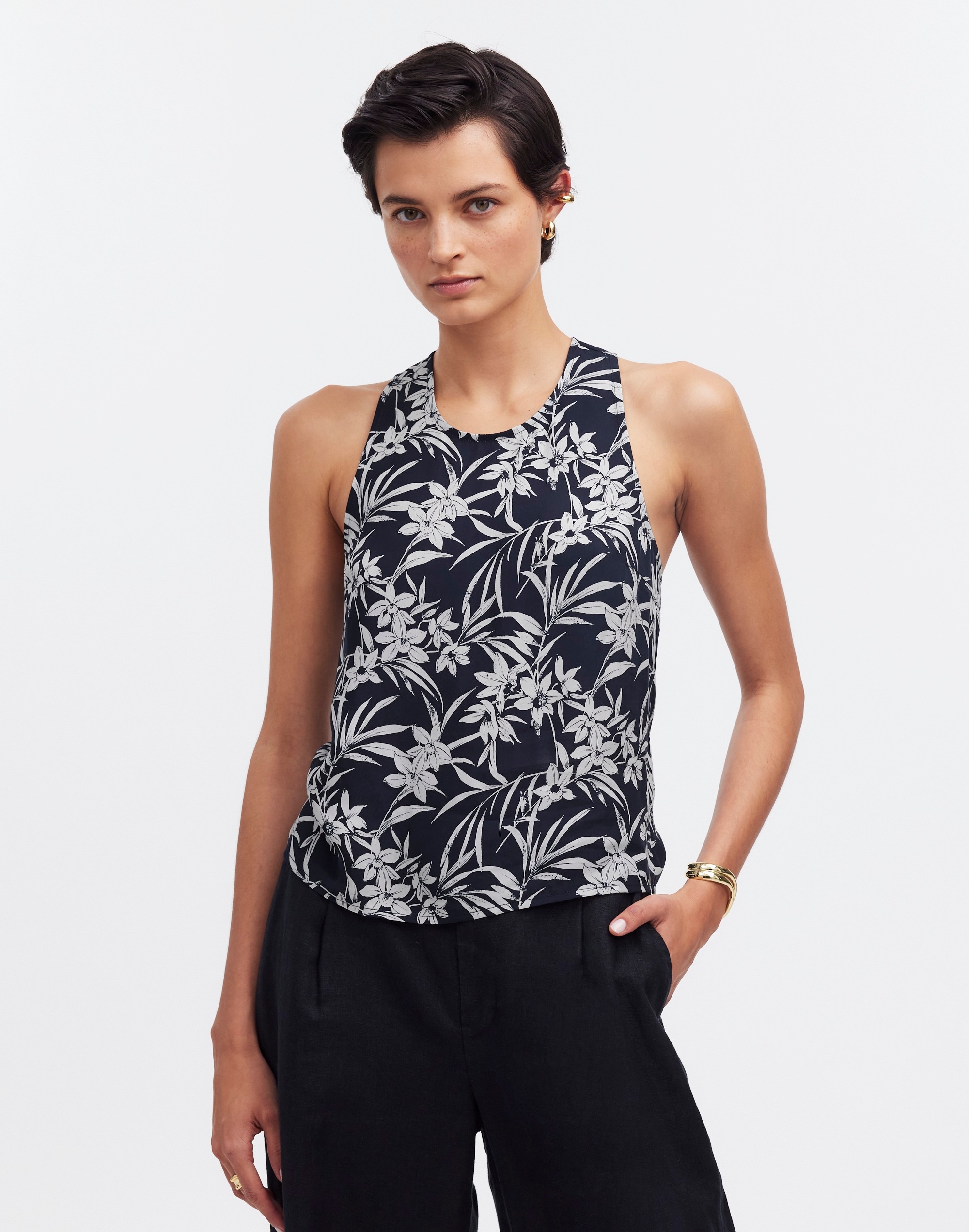 crisscross-back sleeveless top in floral cupro-blend