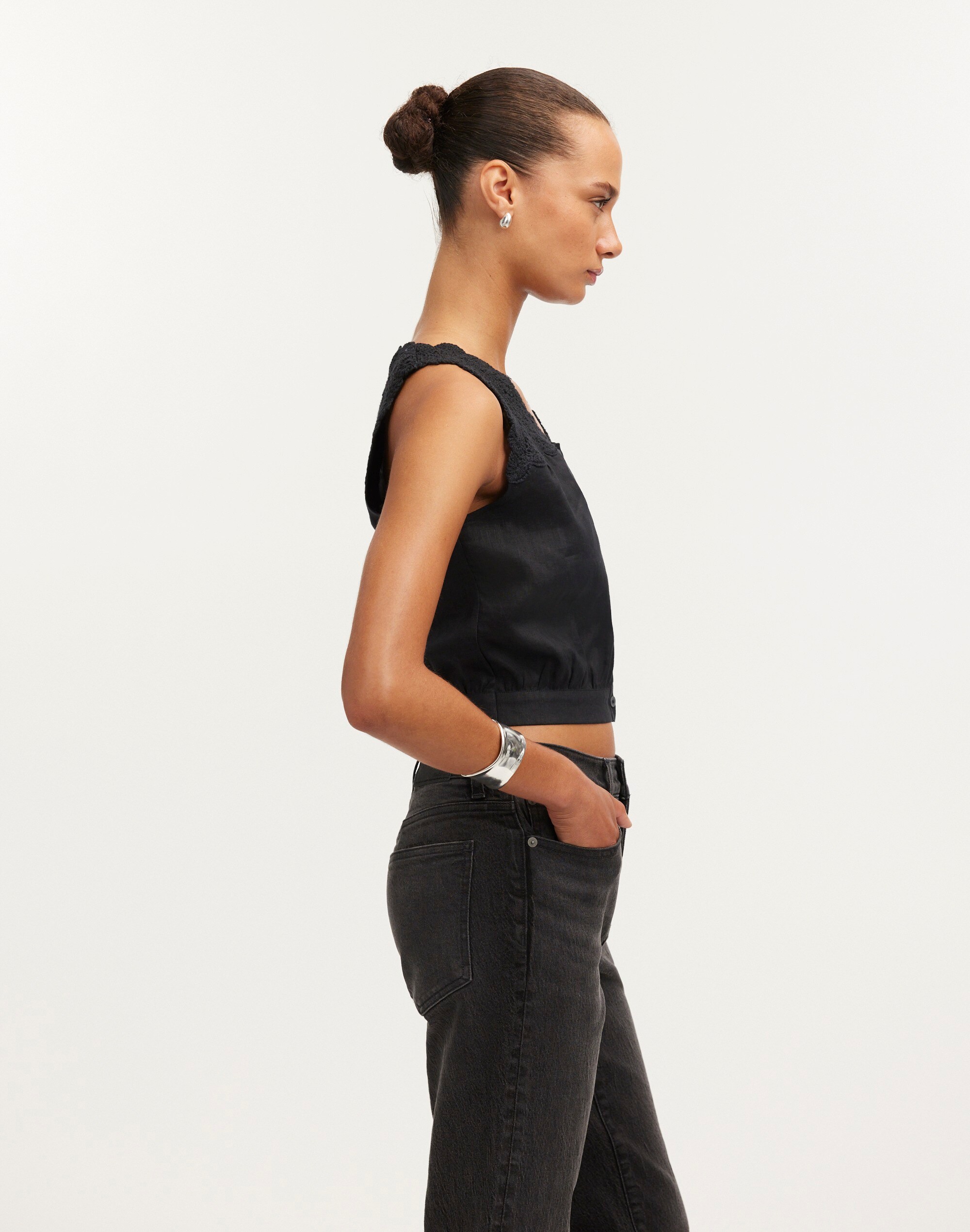 Embroidered V-Neck Bubble Top