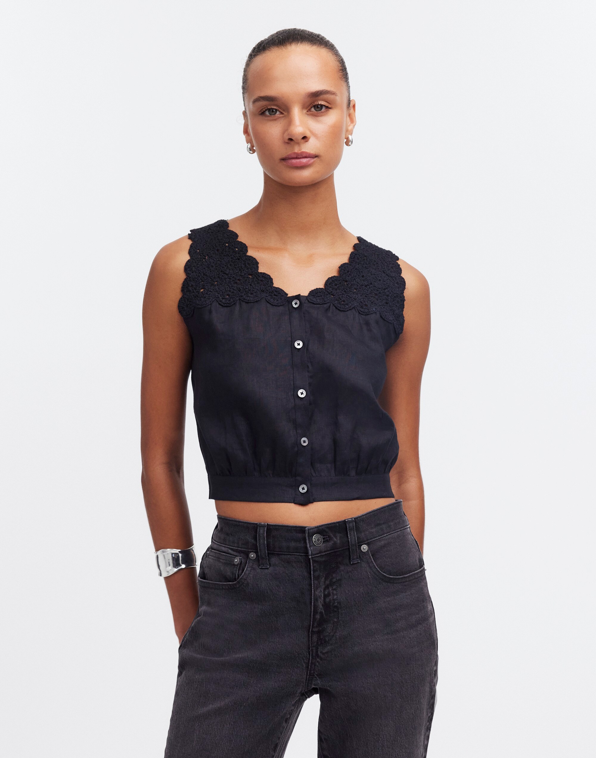 Embroidered V-Neck Bubble Top