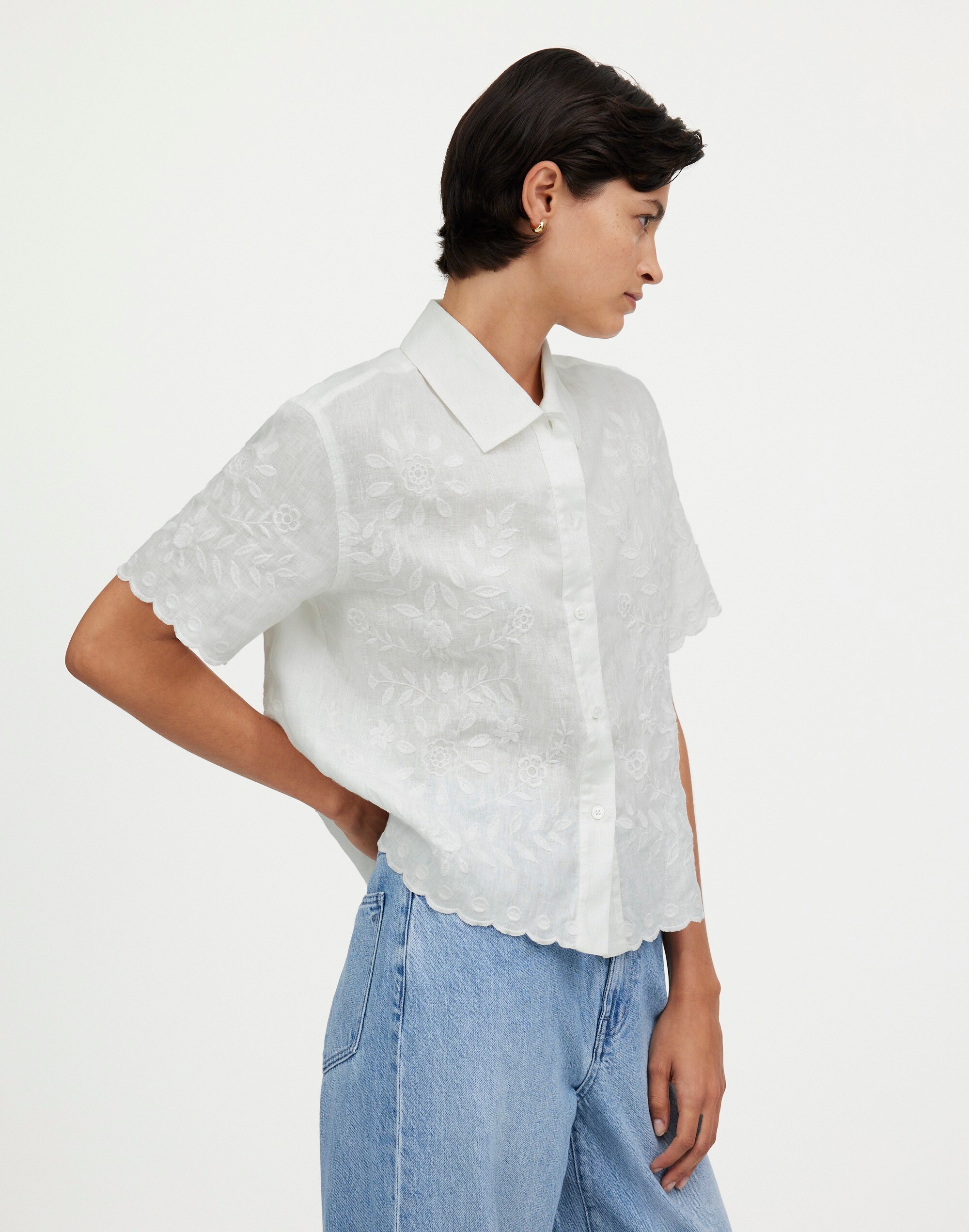 Boxy Button-Front Shirt in Eyelet